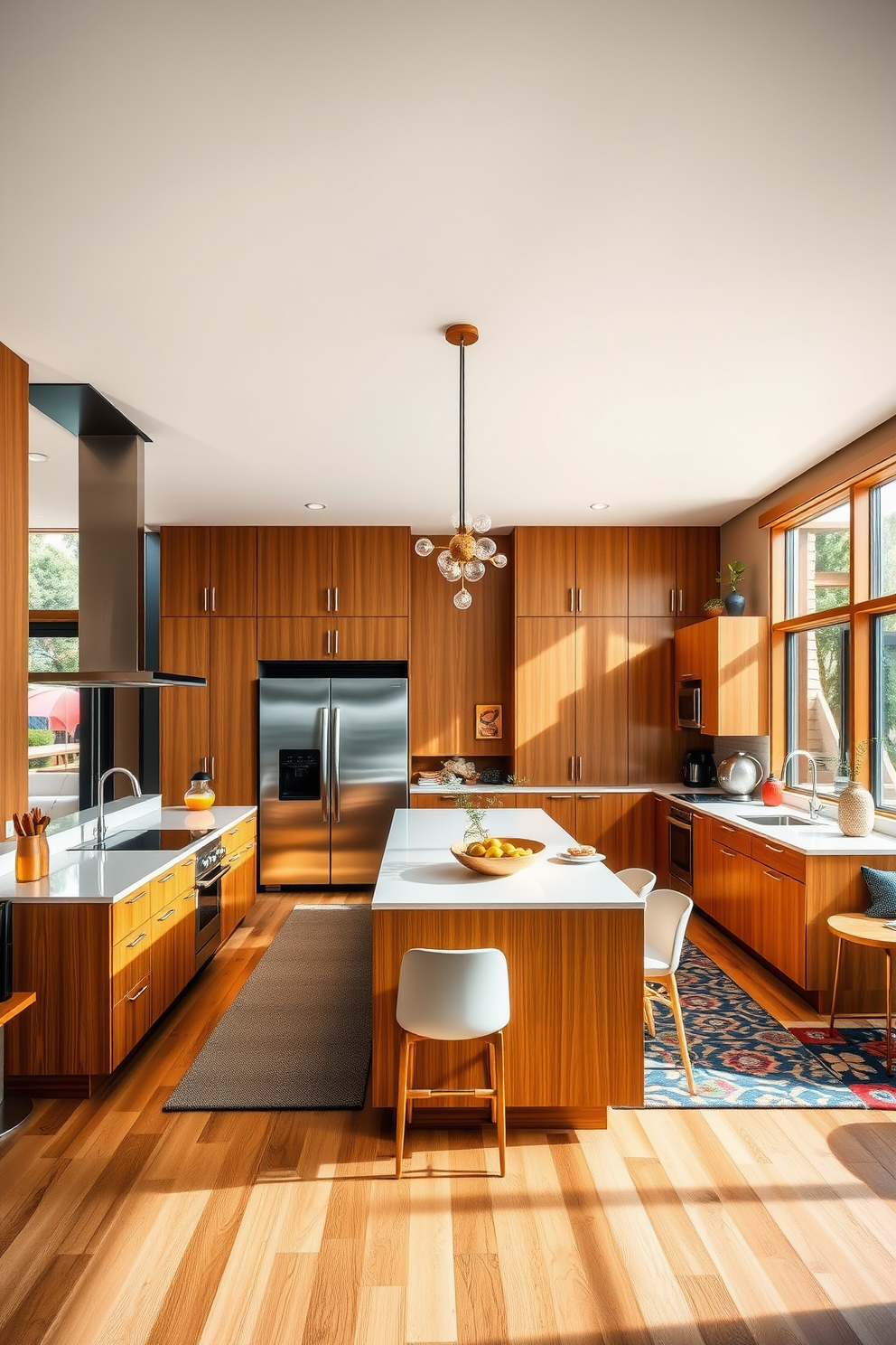 A spacious open floor plan seamlessly connects the kitchen to the living area, creating a harmonious flow throughout the space. The kitchen features sleek cabinetry with a warm wood finish, complemented by stainless steel appliances and a large island perfect for entertaining. The Mid-Century Modern design is highlighted by geometric shapes and clean lines, with bold color accents that bring energy to the space. Natural light floods in through large windows, illuminating the unique light fixtures that add a touch of artistic flair.