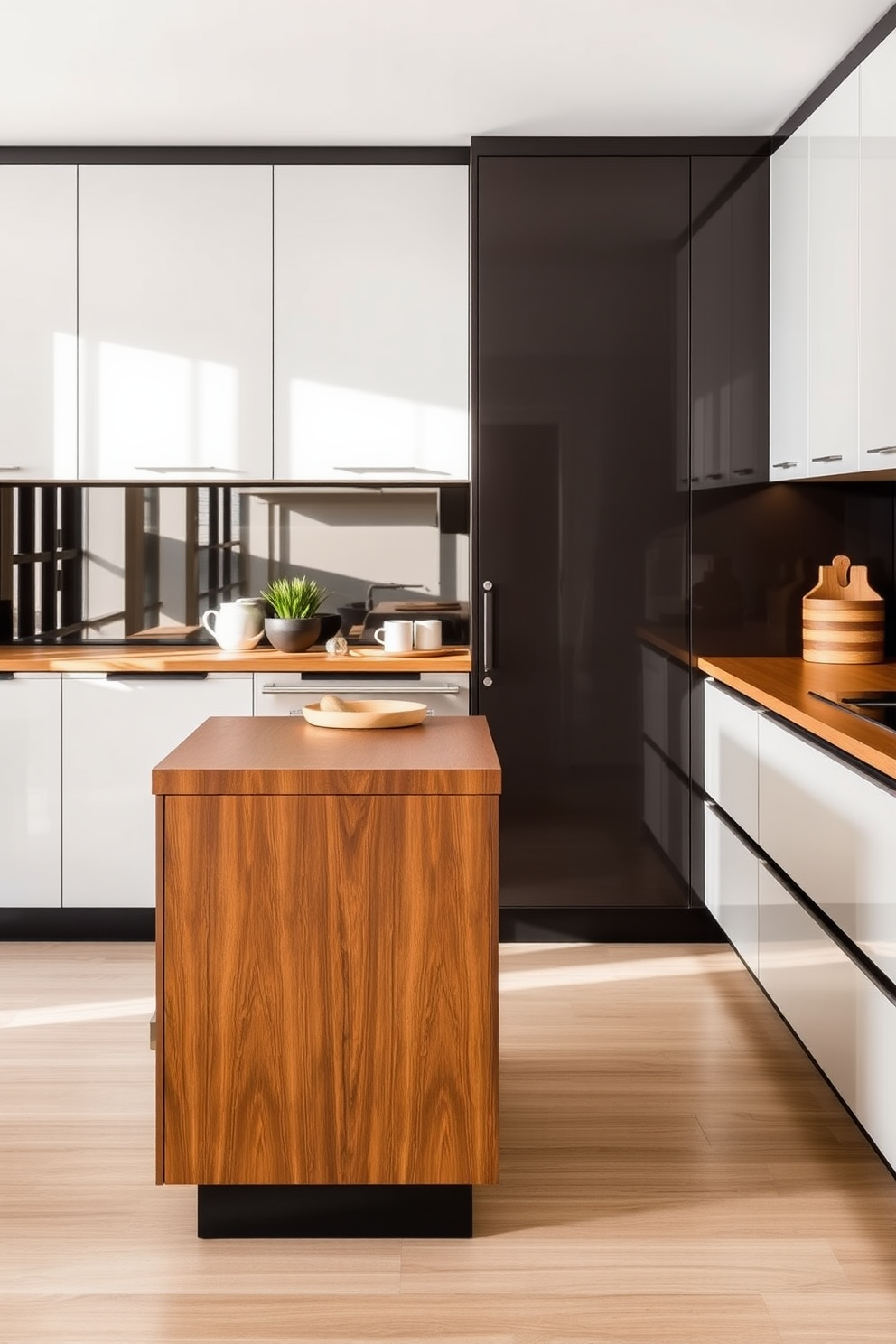 A sleek Mid-Century Modern kitchen features flat panel cabinets with a glossy finish that reflect the light beautifully. The cabinetry is complemented by a minimalist island topped with a rich wood surface, providing both functionality and style.