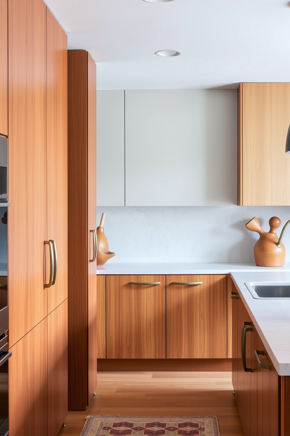 A Mid-Century Modern kitchen featuring a striking contrast between light and dark finishes. The cabinetry is a deep walnut wood while the countertops are a sleek white quartz, creating a bold visual balance. The backsplash showcases glossy black tiles that reflect light, enhancing the overall brightness of the space. A large island with a light wood finish serves as the centerpiece, complemented by retro-style bar stools in vibrant colors.