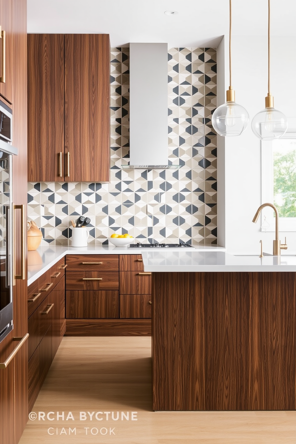 A Mid-Century Modern kitchen features tapered leg furniture that enhances the sleek and stylish aesthetic. The cabinetry is a rich walnut finish, complemented by minimalist hardware and vibrant backsplash tiles in geometric patterns. The dining area includes a round table with tapered legs surrounded by colorful upholstered chairs. Large windows allow natural light to flood the space, highlighting the clean lines and organic shapes characteristic of Mid-Century design.