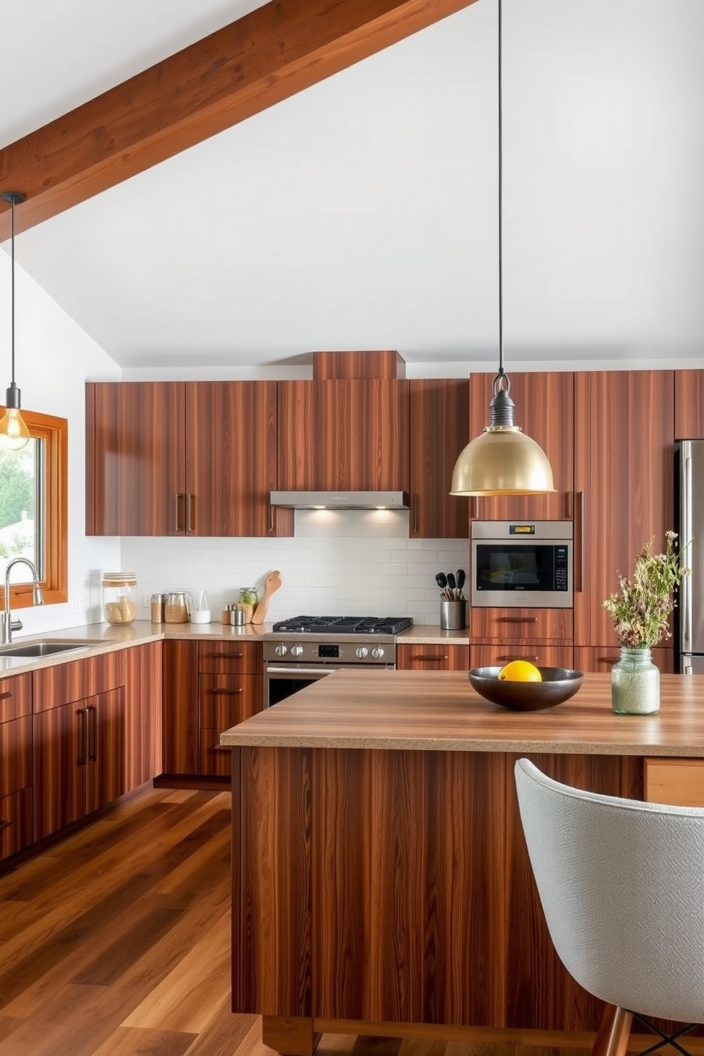 A Mid-Century Modern kitchen featuring bold geometric backsplash tiles in vibrant colors. The cabinetry is a mix of rich wood tones and sleek white finishes, complemented by retro-inspired hardware and fixtures.