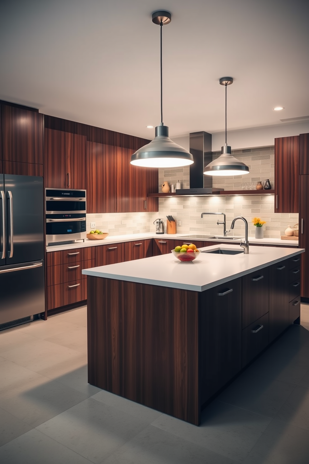 A Mid-Century Modern kitchen featuring a large island with a smooth white countertop. Above the island, bold pendant lights hang, casting a warm glow over the space. The cabinetry is a rich walnut wood with sleek lines and minimal hardware. A retro-inspired backsplash in muted colors adds a touch of character to the overall design.