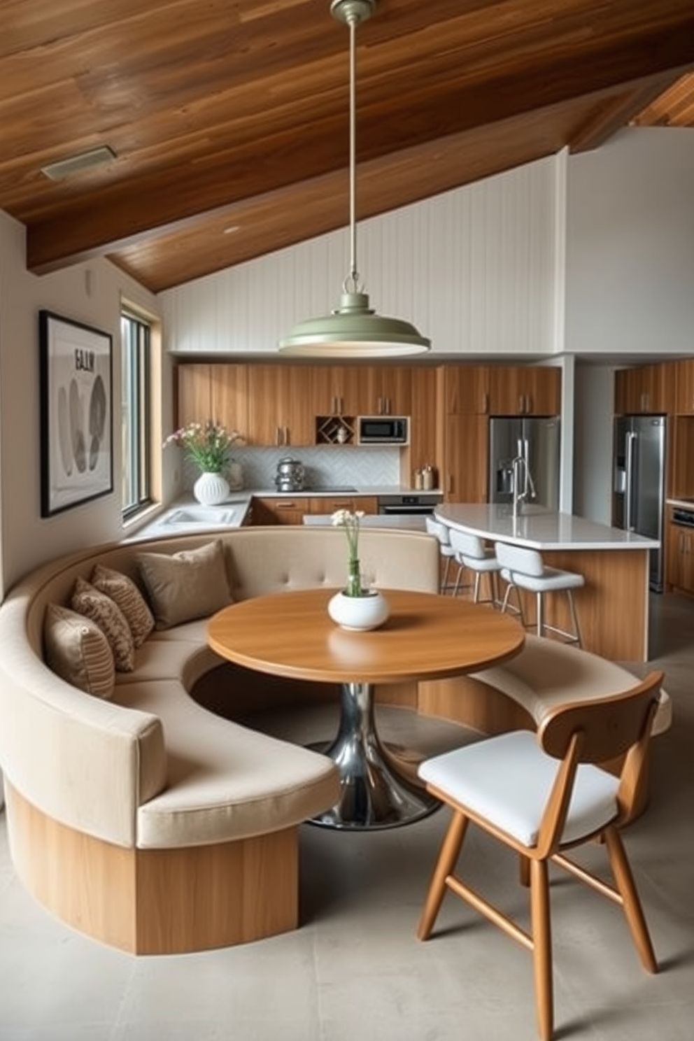 A sleek Mid-Century Modern kitchen features minimalist cabinetry with flat fronts in a warm wood finish. The space is accented by retro-inspired light fixtures and a large island with a contrasting countertop, creating a harmonious blend of style and function.