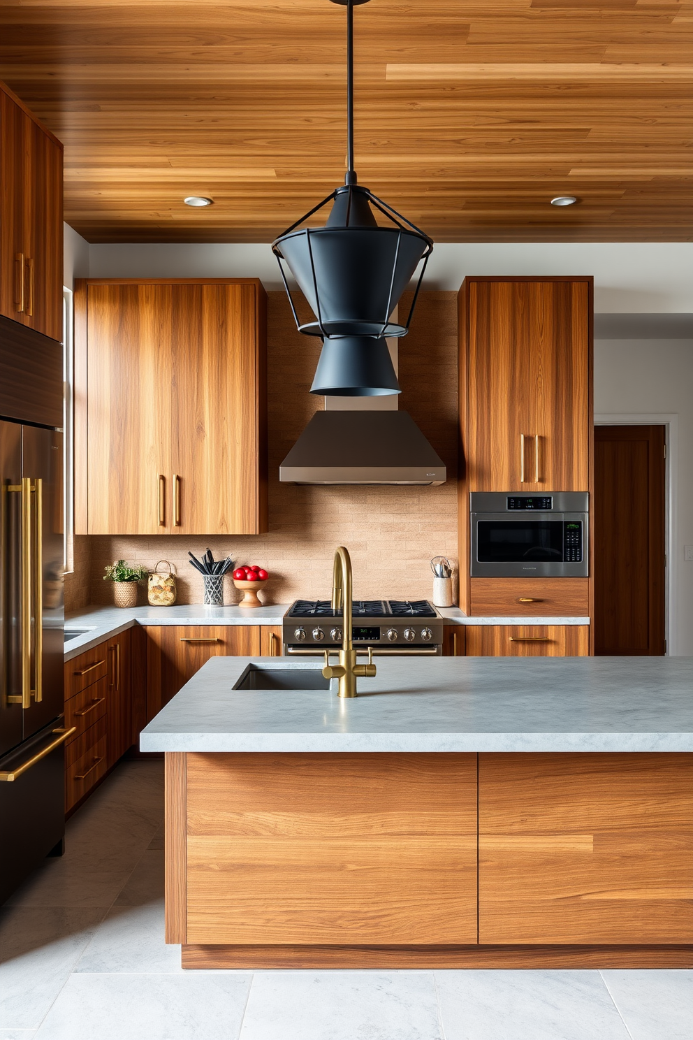 A Mid-Century Modern kitchen featuring a blend of metal and wood textures. The cabinetry is a rich walnut finish complemented by brushed brass hardware and fixtures. A spacious island with a polished concrete countertop serves as the centerpiece. Above the island, geometric pendant lights in matte black add a striking contrast to the warm tones of the wood.