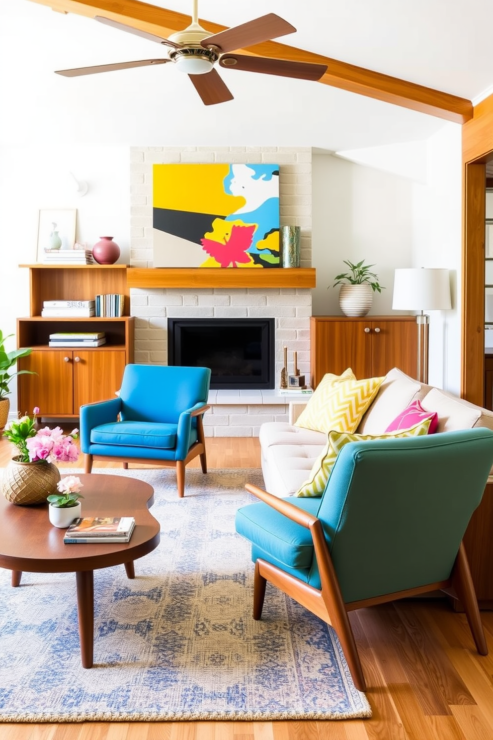 A Mid Century Modern living room featuring warm wood tones complemented by bold accent colors. The space includes a sleek wooden coffee table, a plush sofa in a vibrant hue, and geometric patterned throw pillows.