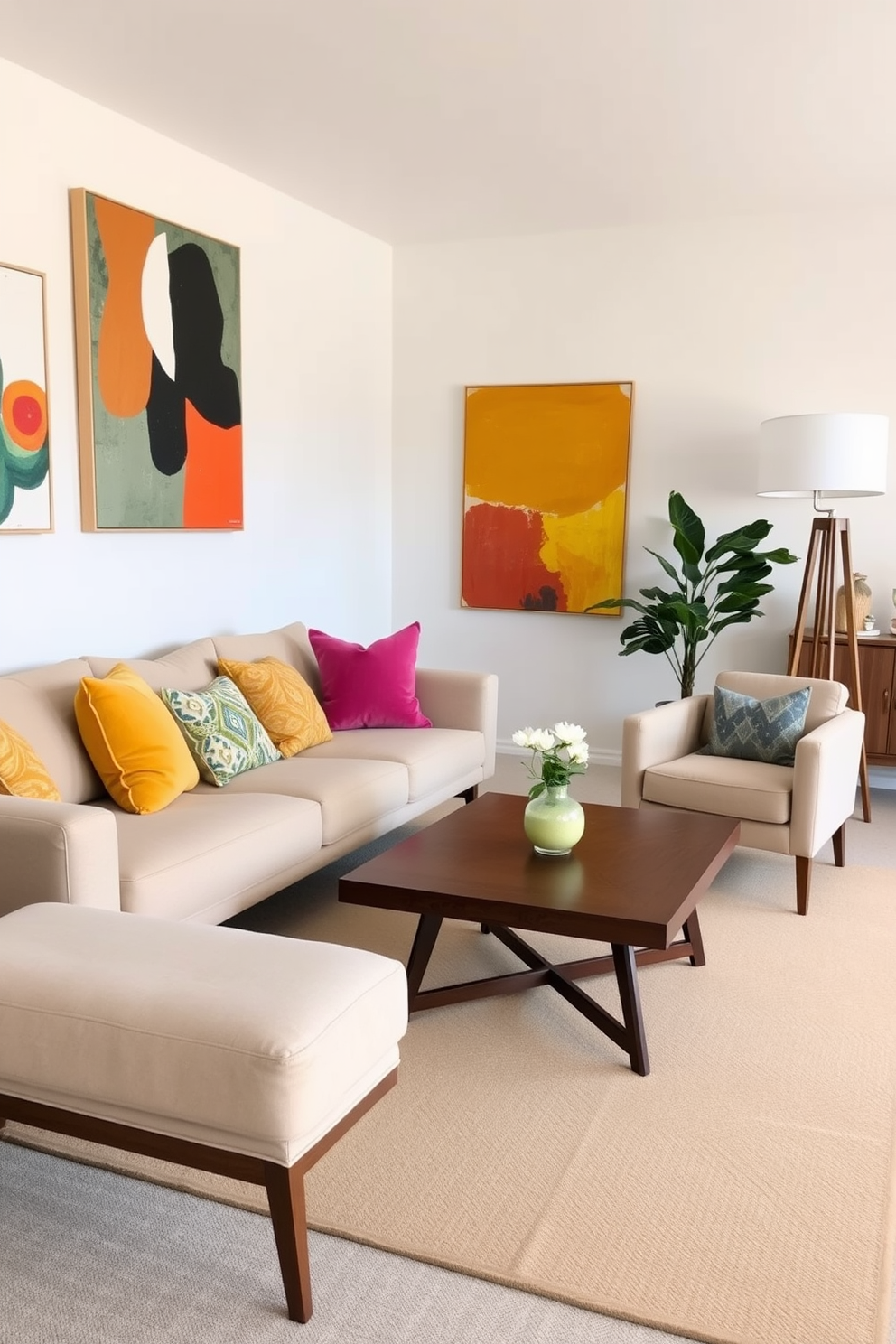 A Mid Century Modern living room features a neutral color palette with pops of vibrant colors throughout the space. The furniture includes a sleek sofa in a soft beige fabric paired with colorful accent pillows and a retro coffee table made of walnut wood. The walls are adorned with abstract art pieces that incorporate bold hues, creating visual interest. A stylish area rug with geometric patterns anchors the seating area, while a statement floor lamp adds warmth and character to the room.