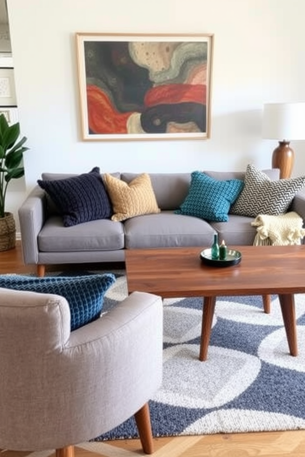 A Mid Century Modern living room features a sleek sofa adorned with textured throw pillows in various colors and patterns. The room is accented with a wooden coffee table and a geometric area rug that adds warmth and style.