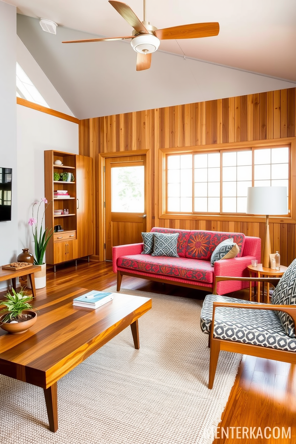 Accent chairs with unique shapes create a focal point in a Mid Century Modern living room. The chairs are upholstered in vibrant fabrics, complementing the clean lines and organic forms of the surrounding furniture.