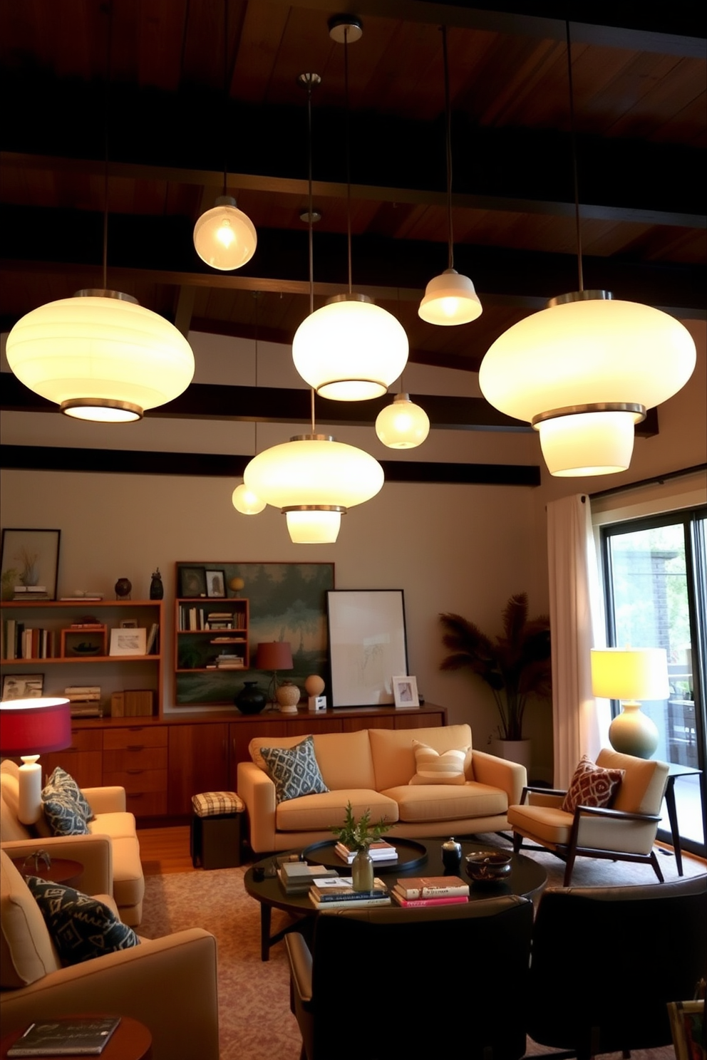 A stylish Mid Century Modern living room features layered lighting that creates a warm and inviting atmosphere. Pendant fixtures hang elegantly from the ceiling, casting a soft glow over the space, which is decorated with a mix of vintage furniture and contemporary accents.