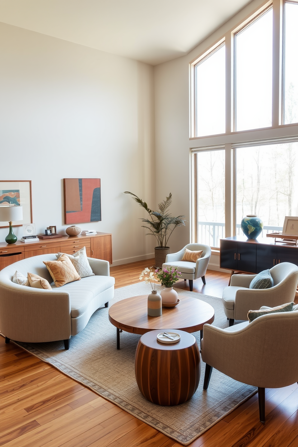 A Mid Century Modern living room features curved furniture pieces that create a soft and inviting atmosphere. The room is adorned with a plush curved sofa in a muted color, complemented by a round coffee table made of natural wood. Accent chairs with gentle curves invite relaxation, while a sleek sideboard showcases decorative items. Large windows allow natural light to flood the space, highlighting the warm tones of the wooden flooring and the carefully chosen artwork on the walls.