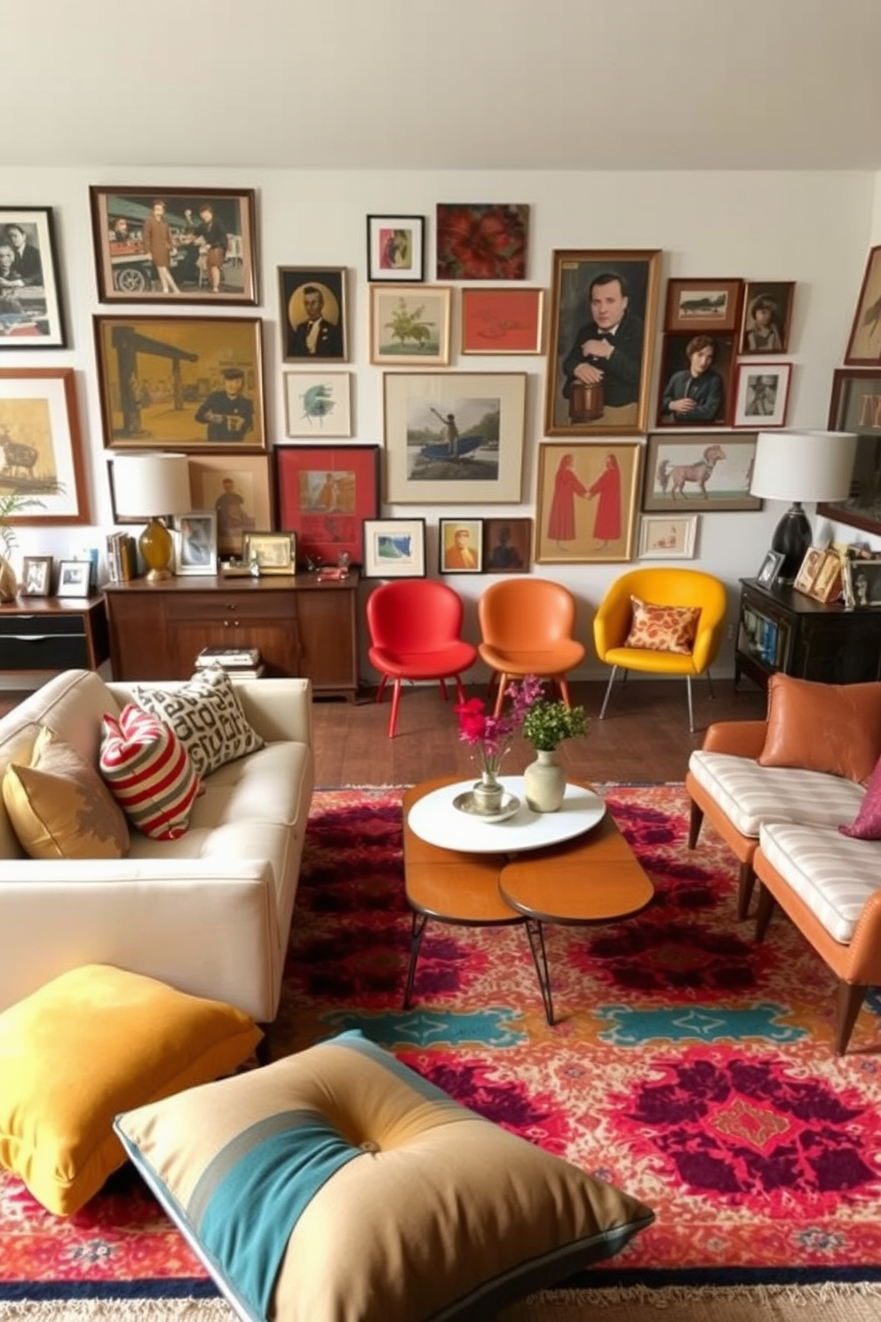 An eclectic living room featuring a harmonious blend of vintage and modern decor. The space includes a sleek mid-century modern sofa paired with a vibrant patterned rug and an assortment of unique accent chairs. On one side, a retro coffee table sits atop the rug, surrounded by a collection of colorful throw pillows. The walls are adorned with a mix of contemporary art pieces and vintage photographs, creating an inviting atmosphere.