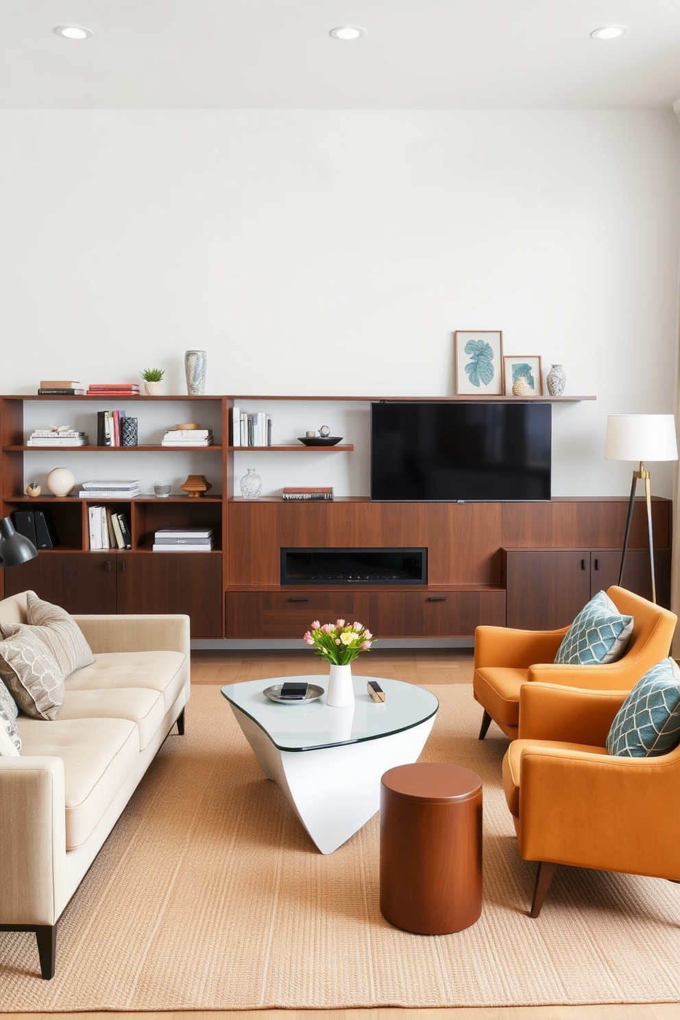 A stylish Mid Century Modern living room featuring wall-mounted shelves to save space. The room is adorned with a sleek sofa in a muted color palette, complemented by a geometric coffee table and bold accent chairs.