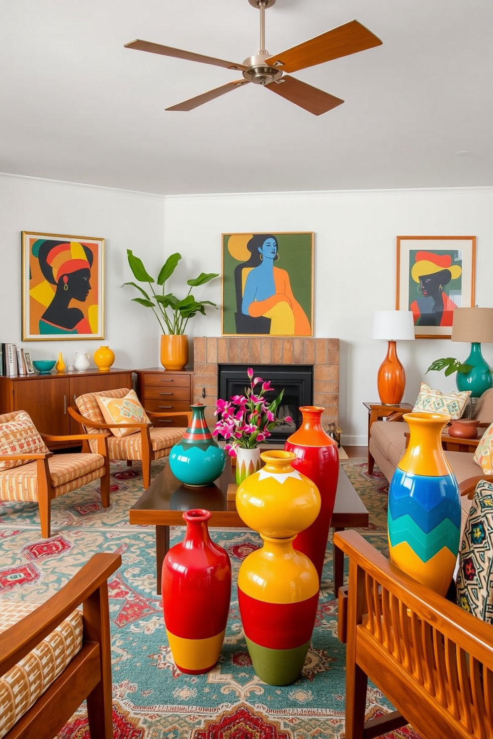 A vibrant Mid Century Modern living room features colorful ceramic vases strategically placed throughout the space. The room is adorned with a mix of rich wood furniture, geometric patterns, and bold artwork that complements the lively vases.