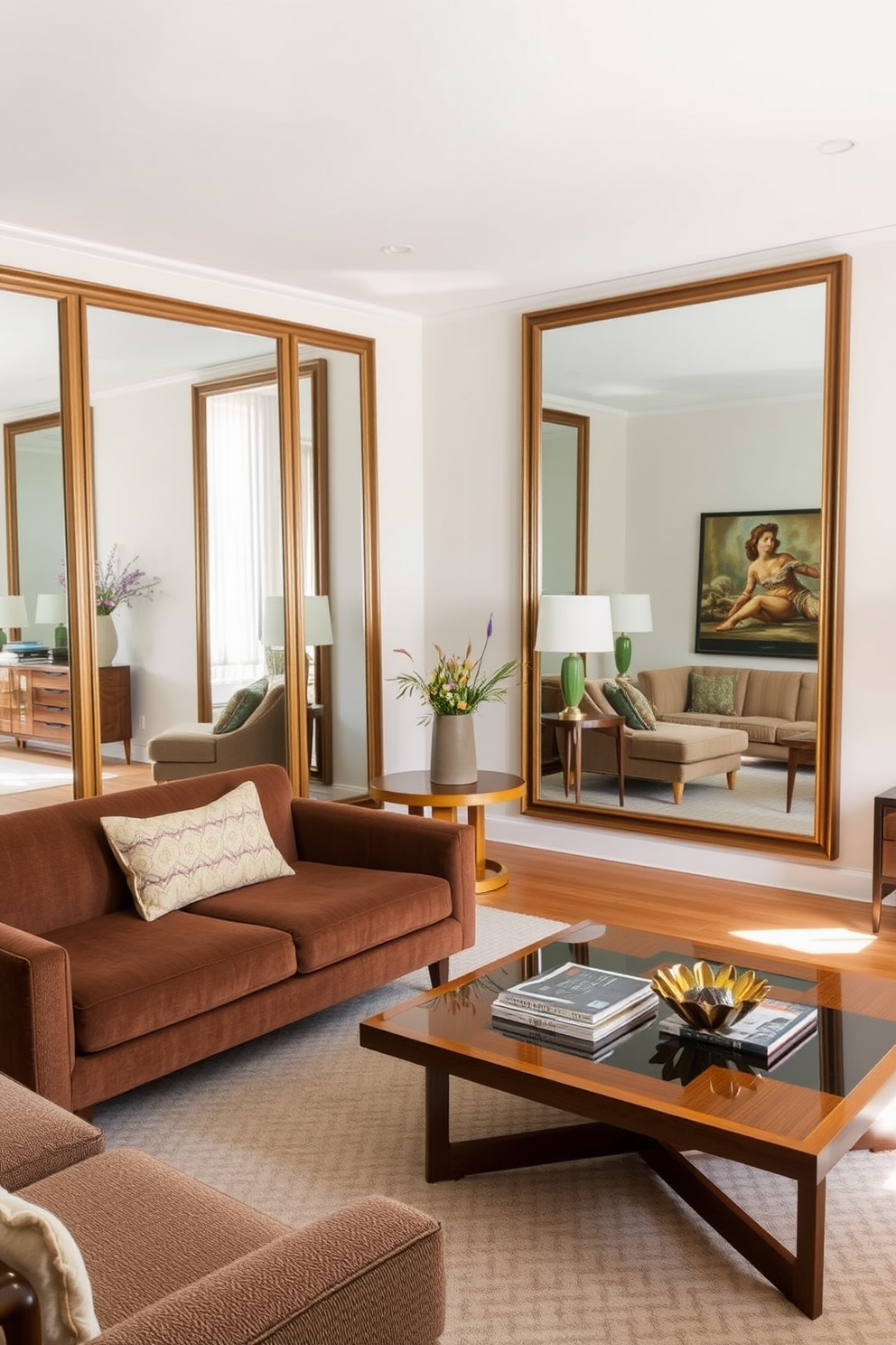 A Mid Century Modern living room features large framed mirrors strategically placed to enhance light reflection and create a sense of spaciousness. The room is adorned with iconic furniture pieces, such as a low-profile sofa in a rich fabric and a sleek coffee table made of wood and glass.