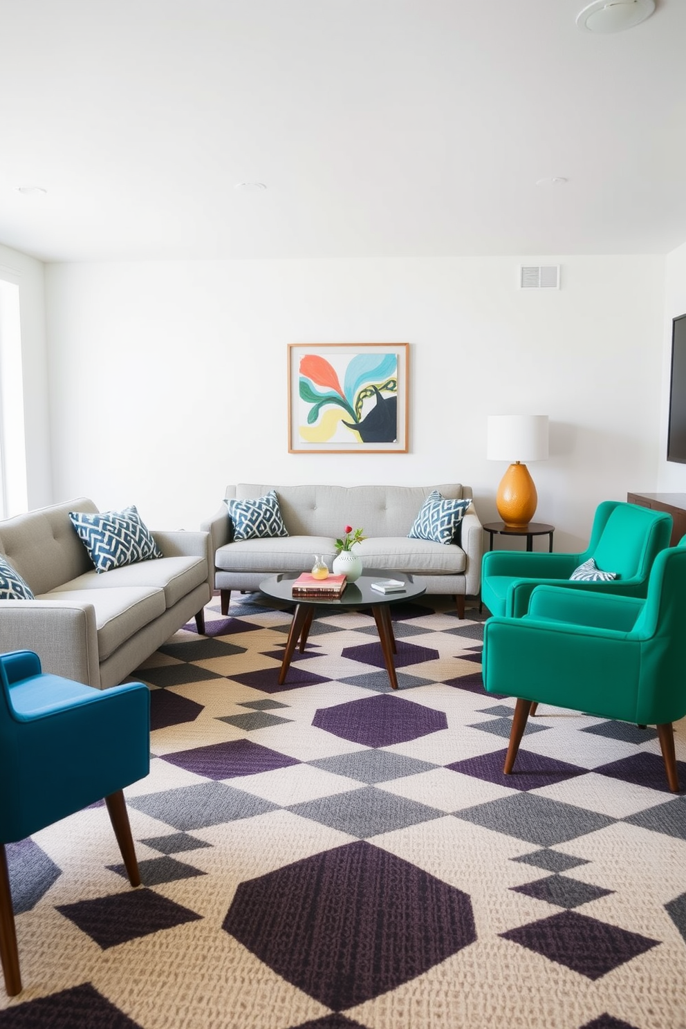 A Mid Century Modern living room features a geometric patterned area rug that adds texture and visual interest to the space. The furniture includes a sleek sofa with tapered legs, complemented by a pair of accent chairs in vibrant colors, creating a harmonious and inviting atmosphere.