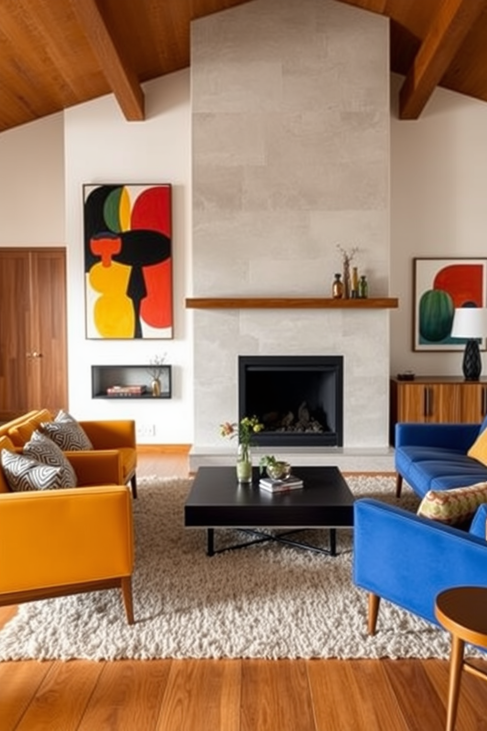 A statement fireplace with mid century design serves as the focal point of the living room. Surrounding the fireplace, sleek furniture pieces in warm wood tones and bold upholstery create a harmonious blend of comfort and style. The walls are adorned with abstract art that reflects the vibrant color palette of mid century aesthetics. A plush area rug anchors the seating arrangement, enhancing the inviting atmosphere of the space.