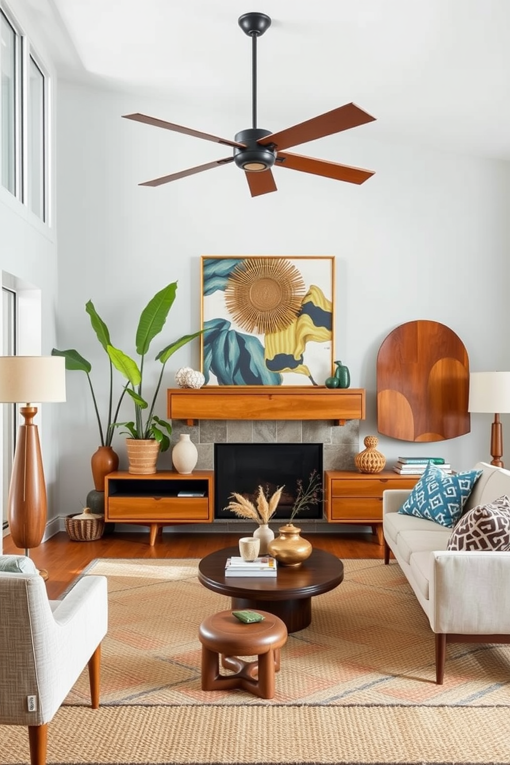 A spacious living room bathed in natural light from large windows that stretch from floor to ceiling. The design features a Mid Century Modern aesthetic with a sleek sofa, geometric coffee table, and vibrant accent chairs that invite comfort and style.