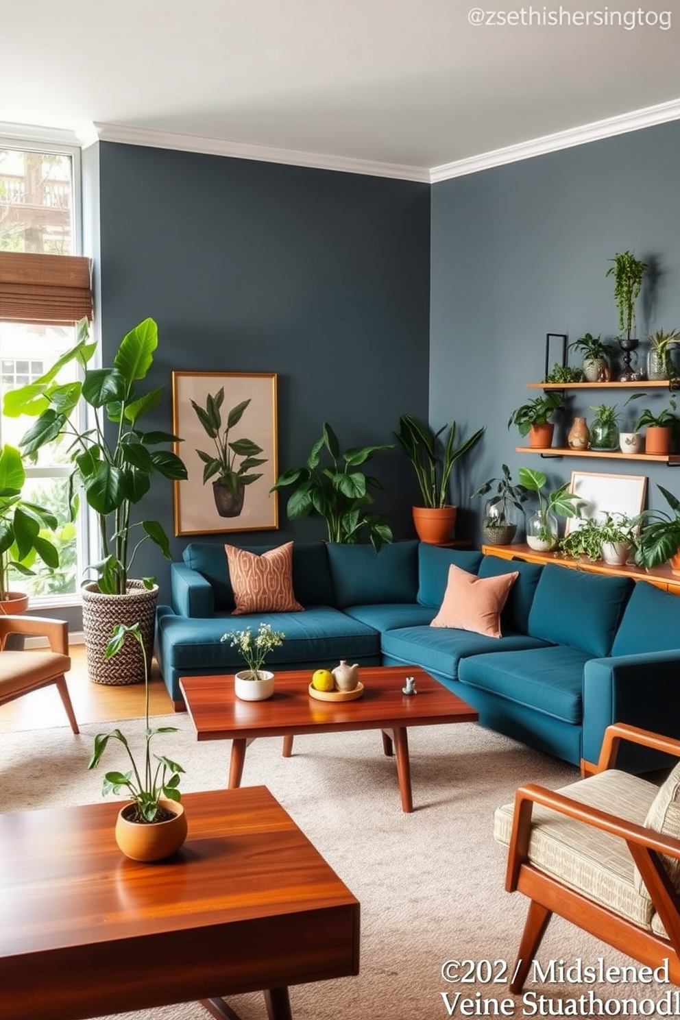 A Mid Century Modern living room featuring a large sectional sofa in a rich teal fabric. The room is adorned with a mix of vintage and contemporary furniture pieces, including a sleek walnut coffee table and a retro-inspired armchair. Lush indoor plants are strategically placed throughout the space, adding a vibrant touch to the atmosphere. A tall fiddle leaf fig stands in one corner, while smaller potted plants sit on shelves and side tables, enhancing the overall warmth and liveliness of the room.