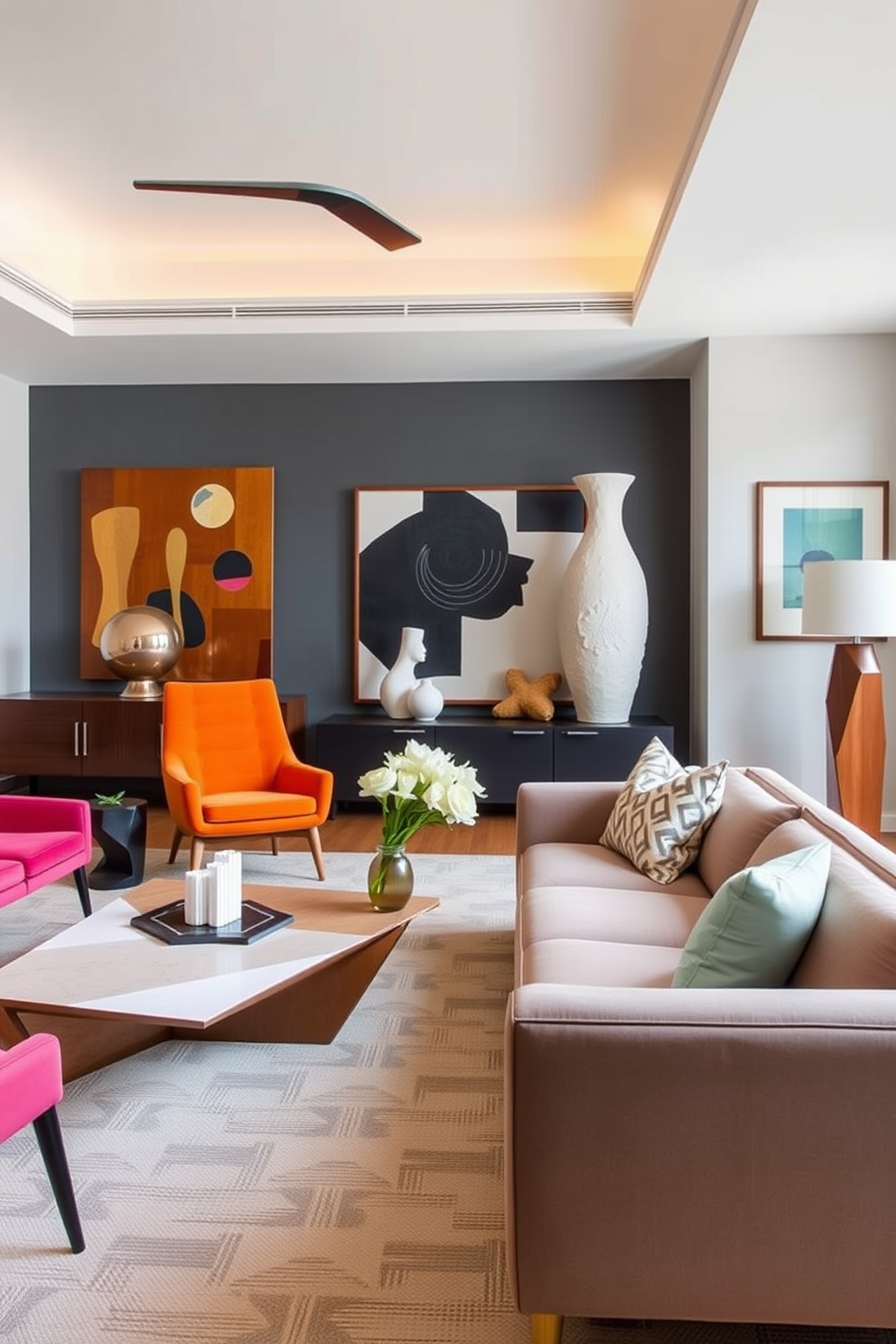 A stylish mid-century modern living room featuring sculptural art pieces that serve as conversation starters. The room is adorned with a sleek sofa in a muted color, complemented by a geometric coffee table and vibrant accent chairs.