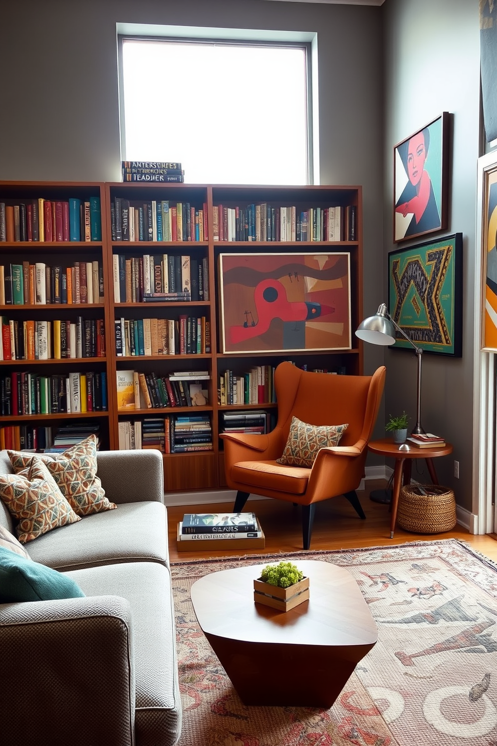 A Mid Century Modern living room features a sleek sofa with tapered legs and vibrant cushions. A unique sculpture stands on a minimalist pedestal, adding artistic flair to the space while complementing the warm wood tones of the furniture.