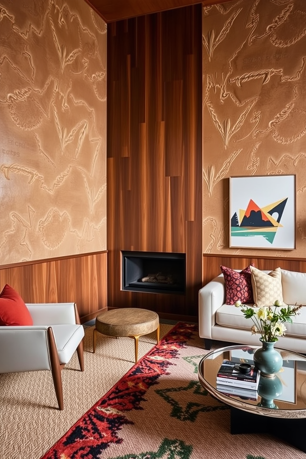 A Mid Century Modern living room features statement mirrors that enhance the sense of space and light. The room is furnished with a sleek sofa upholstered in rich fabric, complemented by geometric coffee tables and vibrant accent chairs.