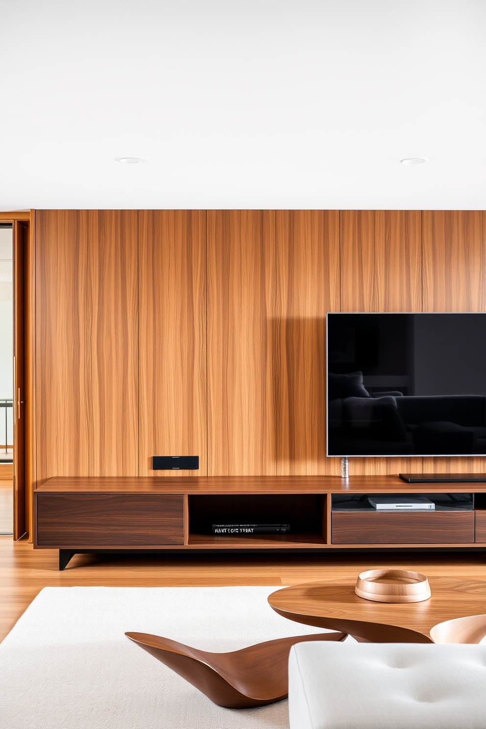 A sleek entertainment unit designed for modern technology features clean lines and a minimalist aesthetic. The unit is crafted from dark wood with integrated cable management and space for a large flat-screen TV. In a Mid Century Modern living room, the design embraces warm wood tones and organic shapes. A combination of a low-profile sofa and a geometric coffee table creates a harmonious and inviting atmosphere.