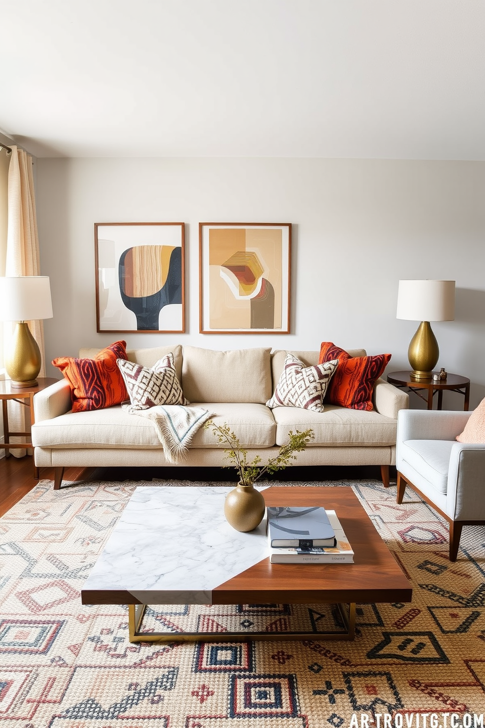 A Mid Century Modern living room features a plush sofa adorned with layered textiles in warm tones that create an inviting atmosphere. A statement coffee table sits atop a textured area rug, while geometric art pieces adorn the walls, enhancing the room's stylish appeal.