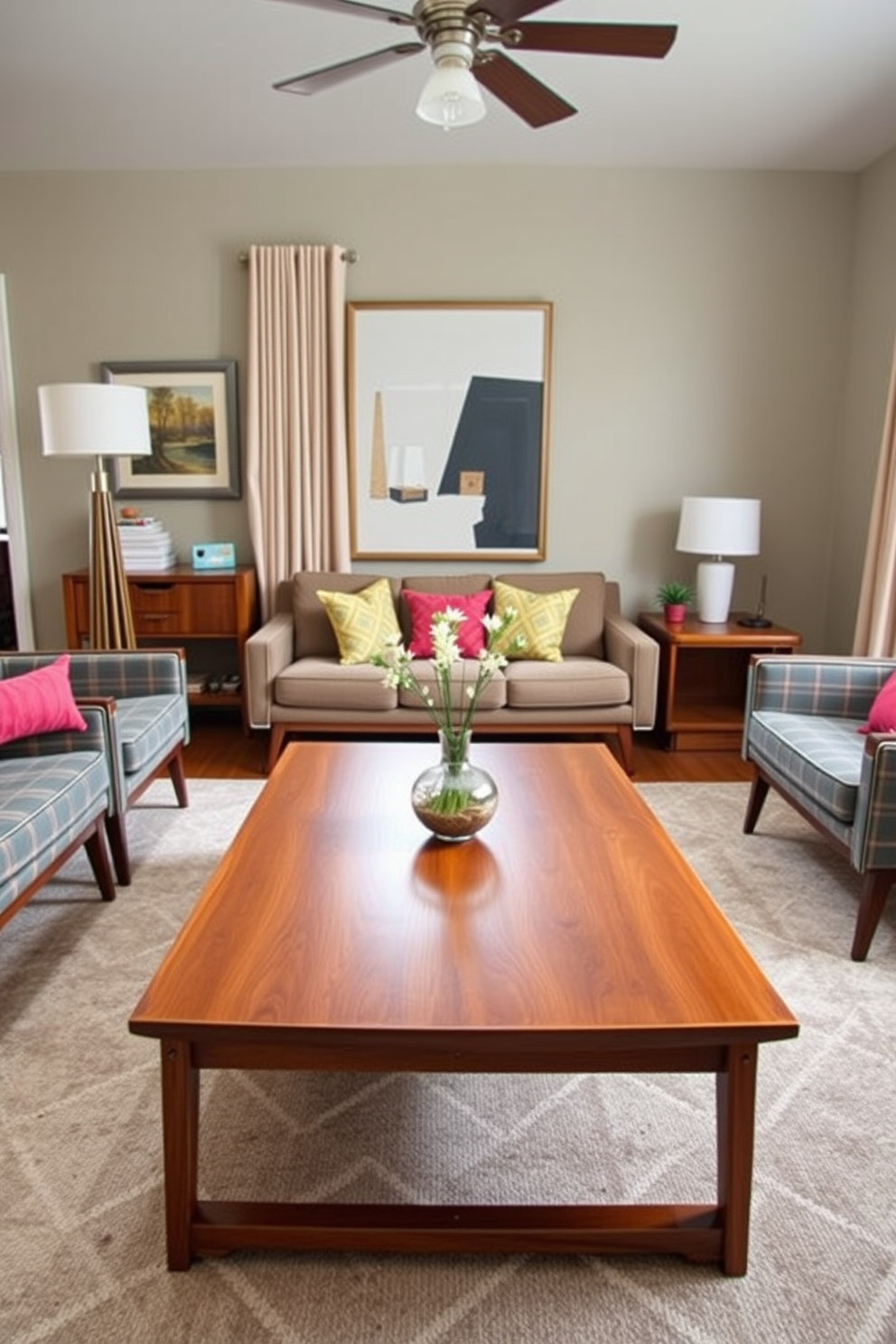 A spacious living room featuring minimalist furniture with clean lines. The color palette consists of soft neutrals and warm wood tones, creating a serene atmosphere. The room includes a sleek sofa, a low-profile coffee table, and a stylish accent chair. Large windows allow natural light to flood the space, highlighting the geometric shapes of the furniture.