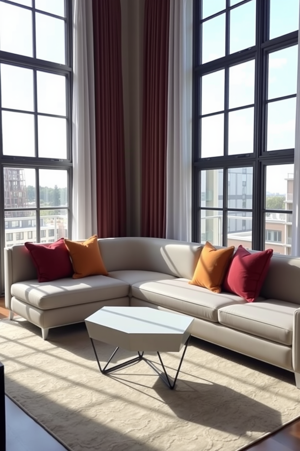 Bright curtains frame the large windows, allowing natural light to flood the space. The room features a sleek sofa with clean lines, complemented by a geometric coffee table and vibrant accent pillows.