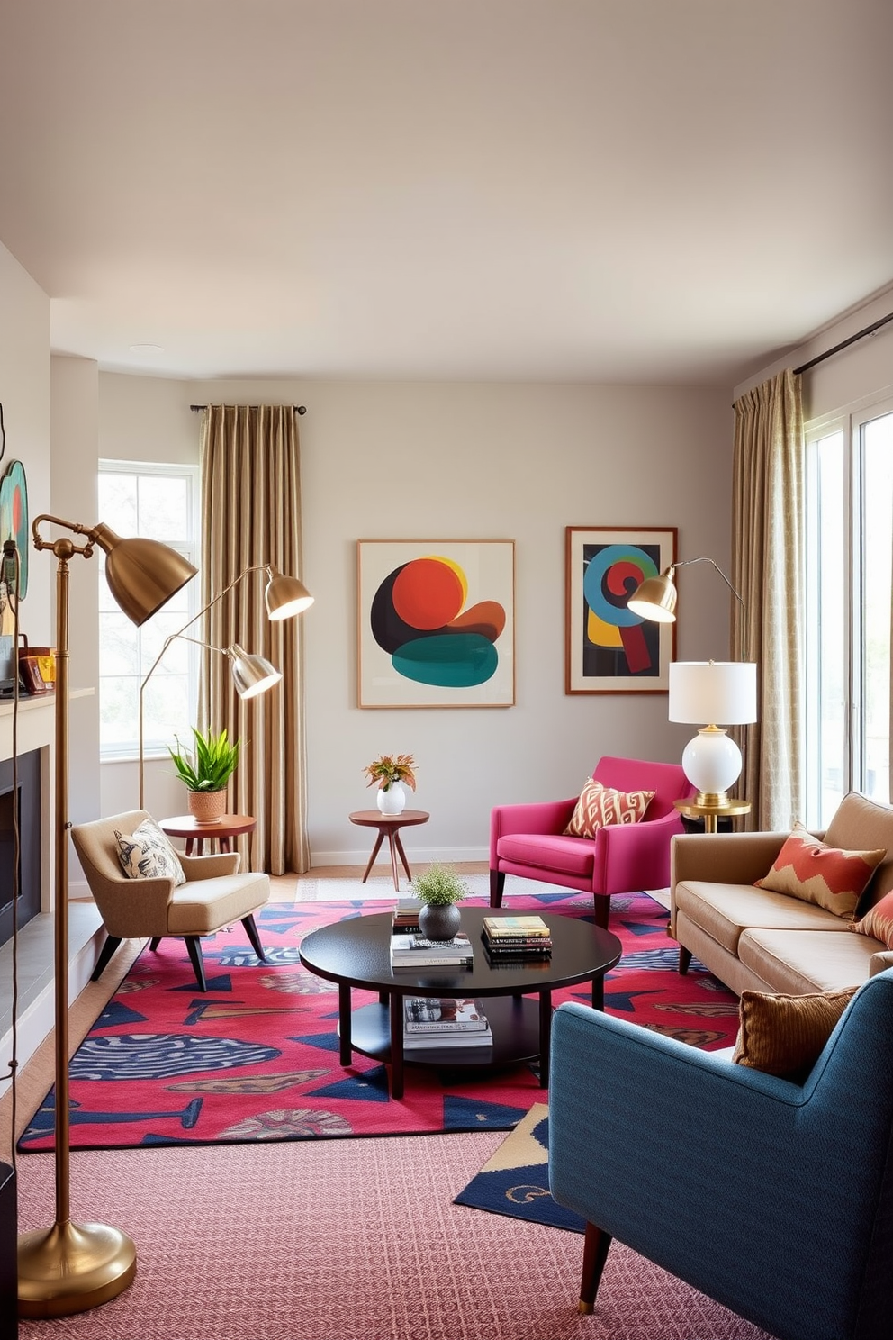 A Mid Century Modern living room filled with bright pops of color. The space features a vibrant orange sofa paired with a teal accent chair and a geometric patterned area rug. Large windows allow natural light to flood the room, highlighting the bold artwork on the walls. A sleek wooden coffee table sits in the center, surrounded by colorful throw pillows and a stylish floor lamp.