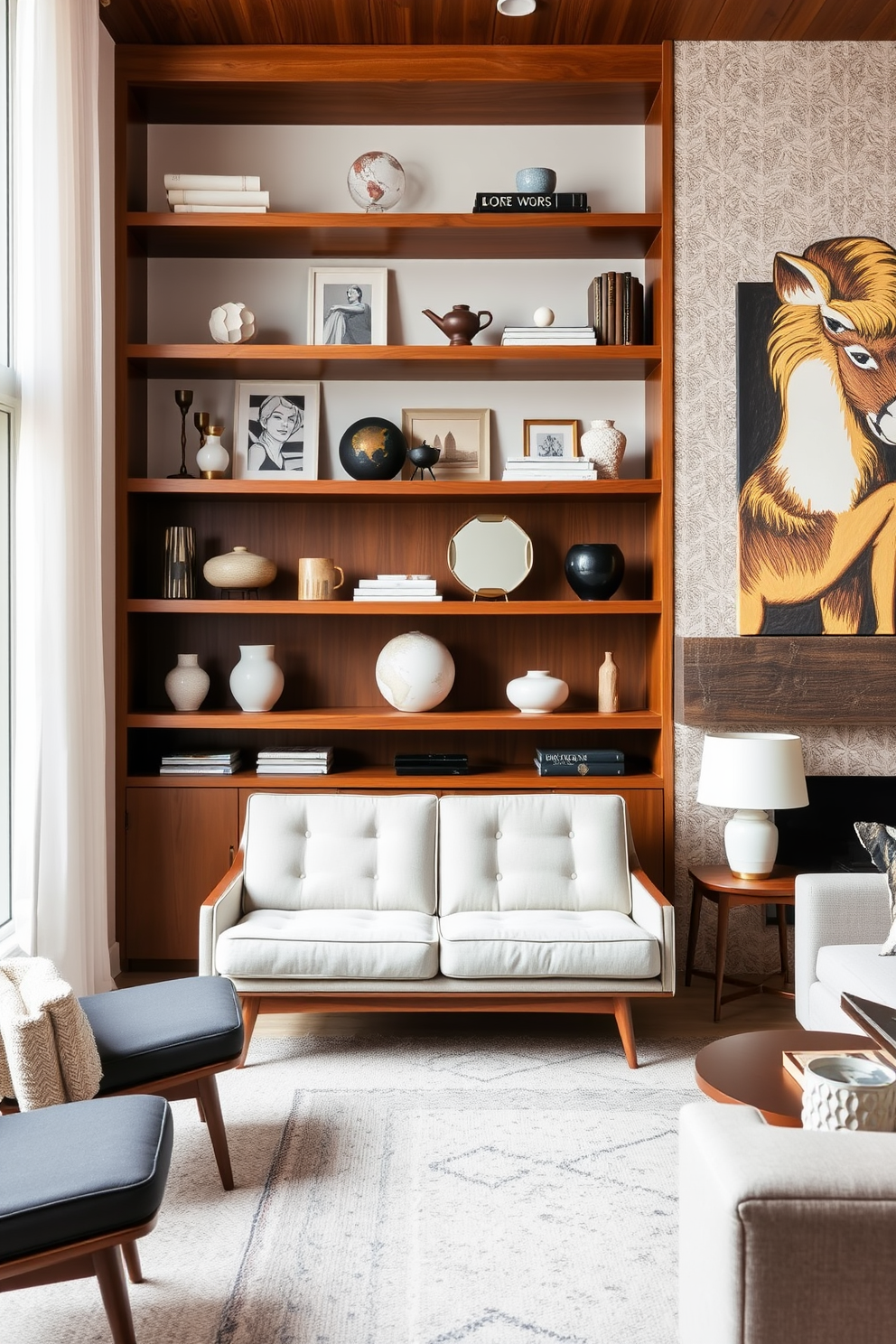 A Mid Century Modern living room features open shelving that elegantly displays a curated selection of decor items. The shelves are made of rich wood, providing a warm contrast to the room's neutral color palette and complementing the iconic furniture pieces.