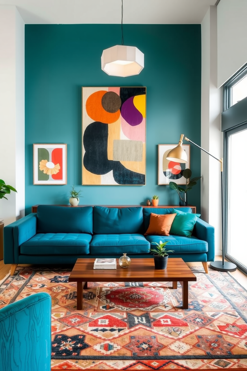 A Mid Century Modern living room features neutral walls that create a serene backdrop for vibrant artwork that adds a pop of color. The space is adorned with iconic furniture pieces, such as a sleek sofa and a geometric coffee table, enhancing the overall aesthetic while maintaining comfort and style.