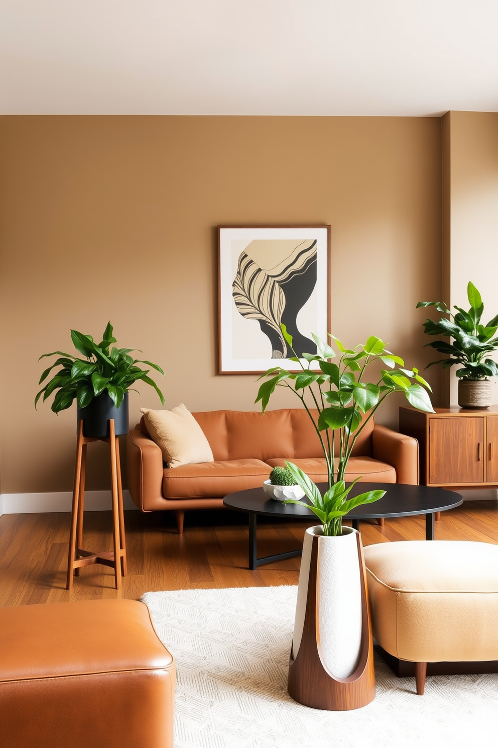 A Mid Century Modern living room features sleek lines and organic shapes with a warm color palette. The space includes stylish plant stands adorned with lush greenery, adding a touch of freshness and vibrancy to the room.