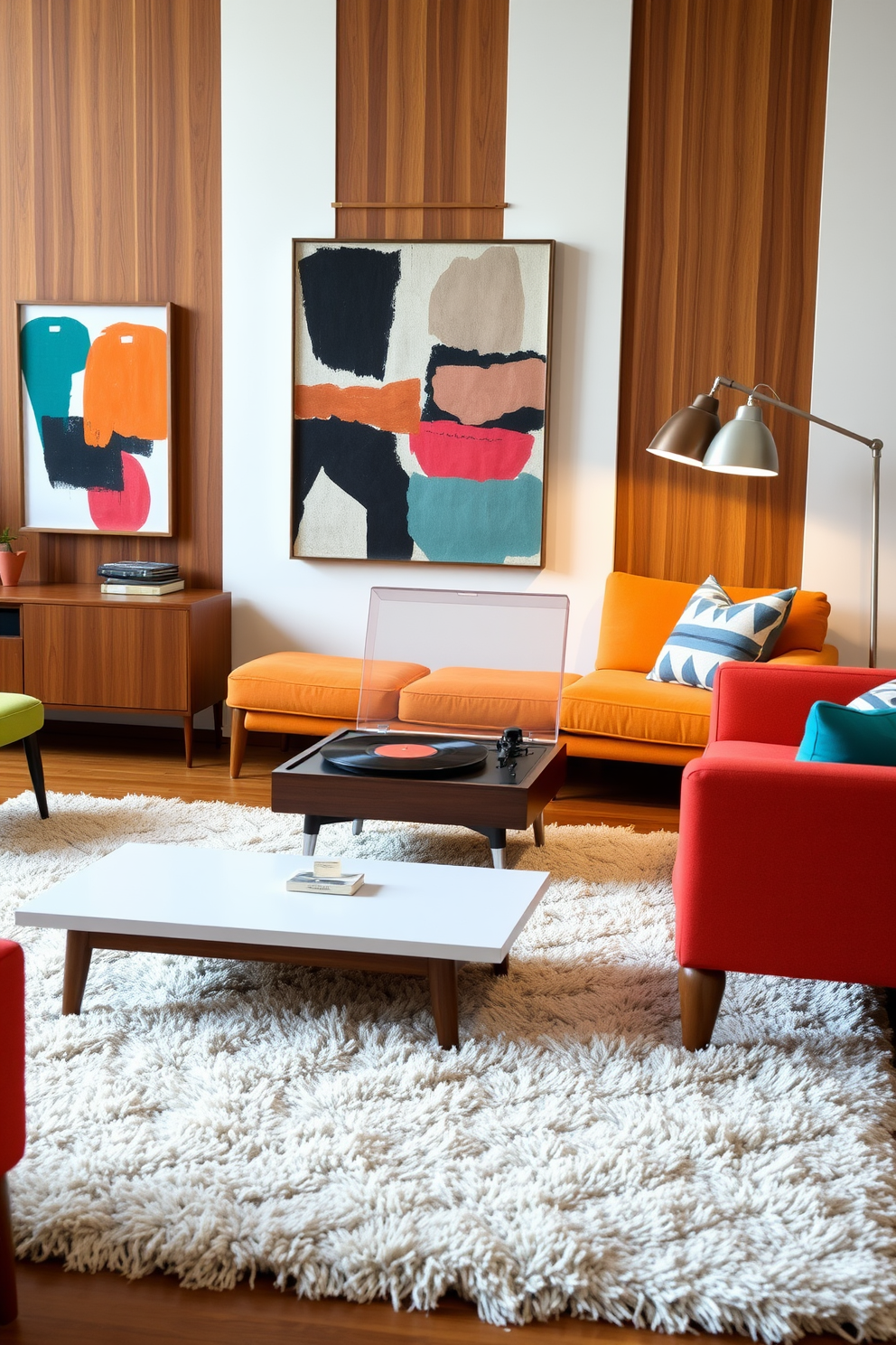 A vintage record player takes center stage in a Mid Century Modern living room. Surrounding it are sleek furniture pieces with clean lines, featuring a combination of warm wood tones and bold upholstery in vibrant colors. The walls are adorned with abstract art that complements the overall aesthetic. A plush area rug anchors the space, while a stylish floor lamp provides soft lighting for a cozy atmosphere.