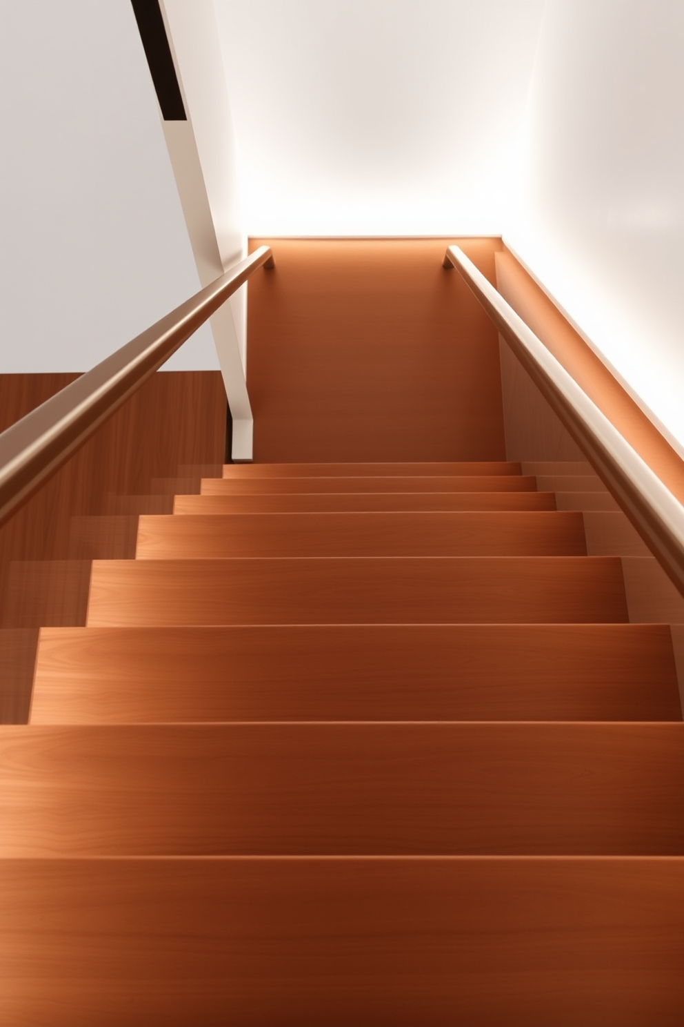 A stunning floating wooden staircase elegantly ascends to the upper level, featuring a sleek glass railing that enhances the sense of openness. The warm tones of the wood contrast beautifully with the minimalist design, creating a striking focal point in the space. The staircase showcases Mid-Century Modern design elements, with clean lines and organic shapes that reflect timeless sophistication. Ambient lighting highlights the natural grain of the wood, adding a touch of warmth and inviting atmosphere to the entryway.