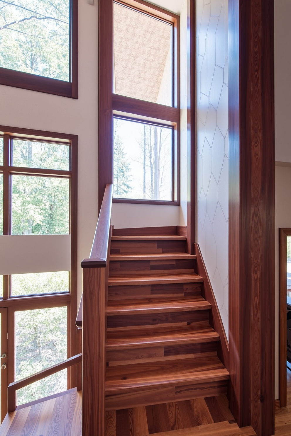 A mid-century inspired staircase features rich wood handrails and treads that showcase the natural grain. The walls are adorned with geometric patterns, while large windows allow natural light to filter in, enhancing the warm tones of the wood.