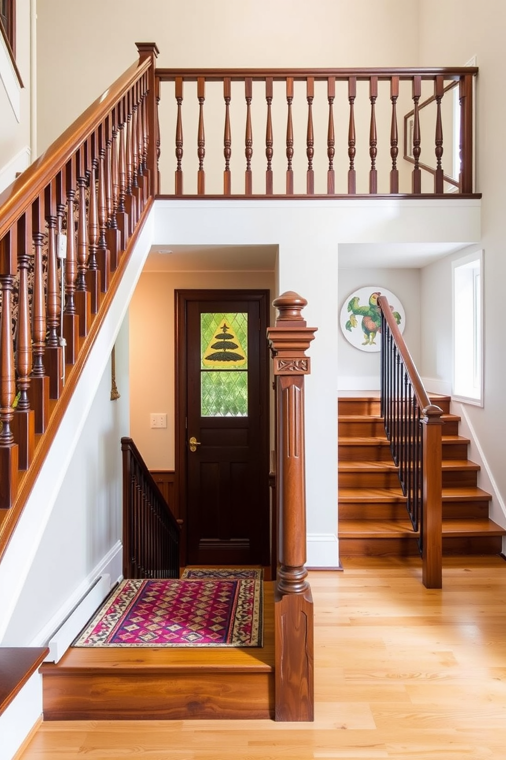 A vintage-style staircase features a beautifully crafted wooden banister with intricate details. The staircase is adorned with a colorful patterned runner that adds warmth and character to the space. The Mid-Century Modern staircase showcases clean lines and a minimalist aesthetic. It is complemented by sleek wooden treads and a striking geometric railing that emphasizes simplicity and elegance.