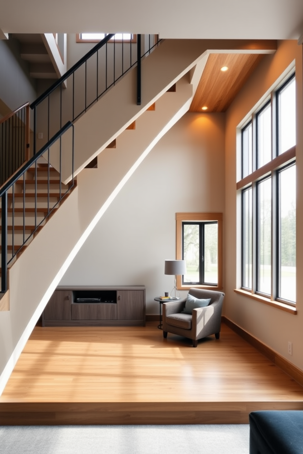 A stunning Mid-Century Modern staircase featuring a combination of rich wood and sleek metal elements. The staircase has a polished wooden handrail that contrasts beautifully with the metal balusters, creating an elegant and timeless look. Natural light floods the space through large windows, highlighting the warm tones of the wood and the cool finish of the metal. The staircase is surrounded by minimalist decor, enhancing its sophisticated aesthetic while maintaining an airy feel.