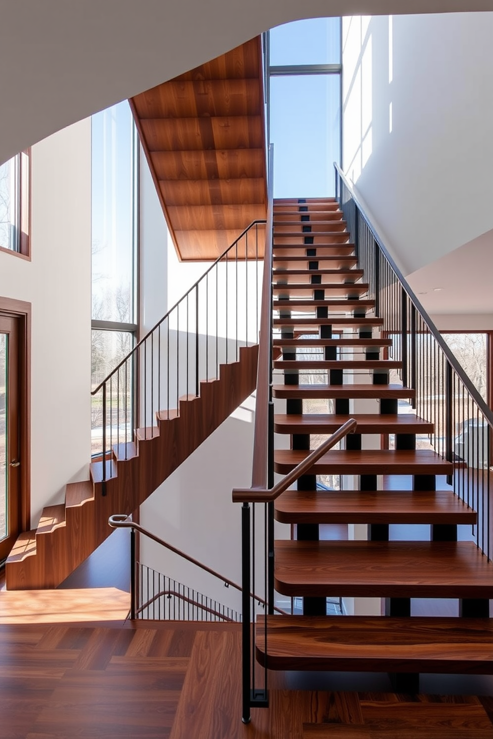 Asymmetrical staircase with unique shapes featuring a combination of wood and metal elements. The staircase is open and airy, with floating steps that create a sense of movement and elegance. Mid-Century Modern staircase design ideas incorporating rich walnut finishes and sleek lines. Large windows flank the staircase, allowing natural light to flood the space and highlight the clean geometric forms.