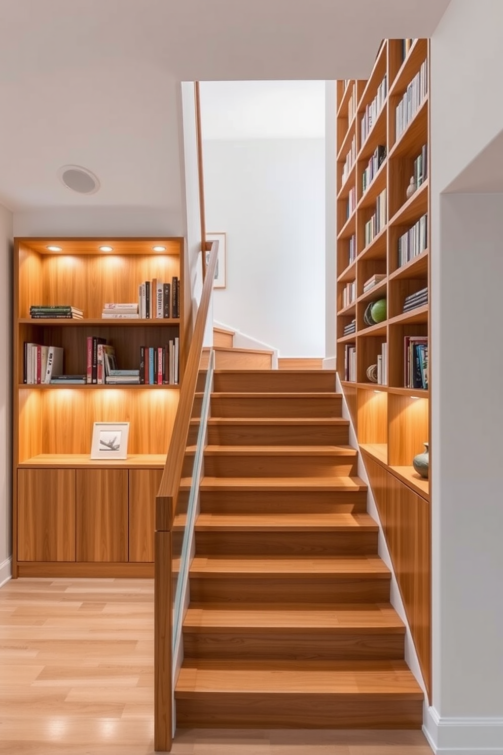 A stunning integrated bookshelf staircase that combines functionality and style. The staircase features wooden steps with built-in shelves on either side, showcasing a collection of books and decorative items. The design incorporates clean lines and a minimalist aesthetic typical of Mid-Century Modern style. Soft lighting highlights the natural wood finish, creating a warm and inviting atmosphere.