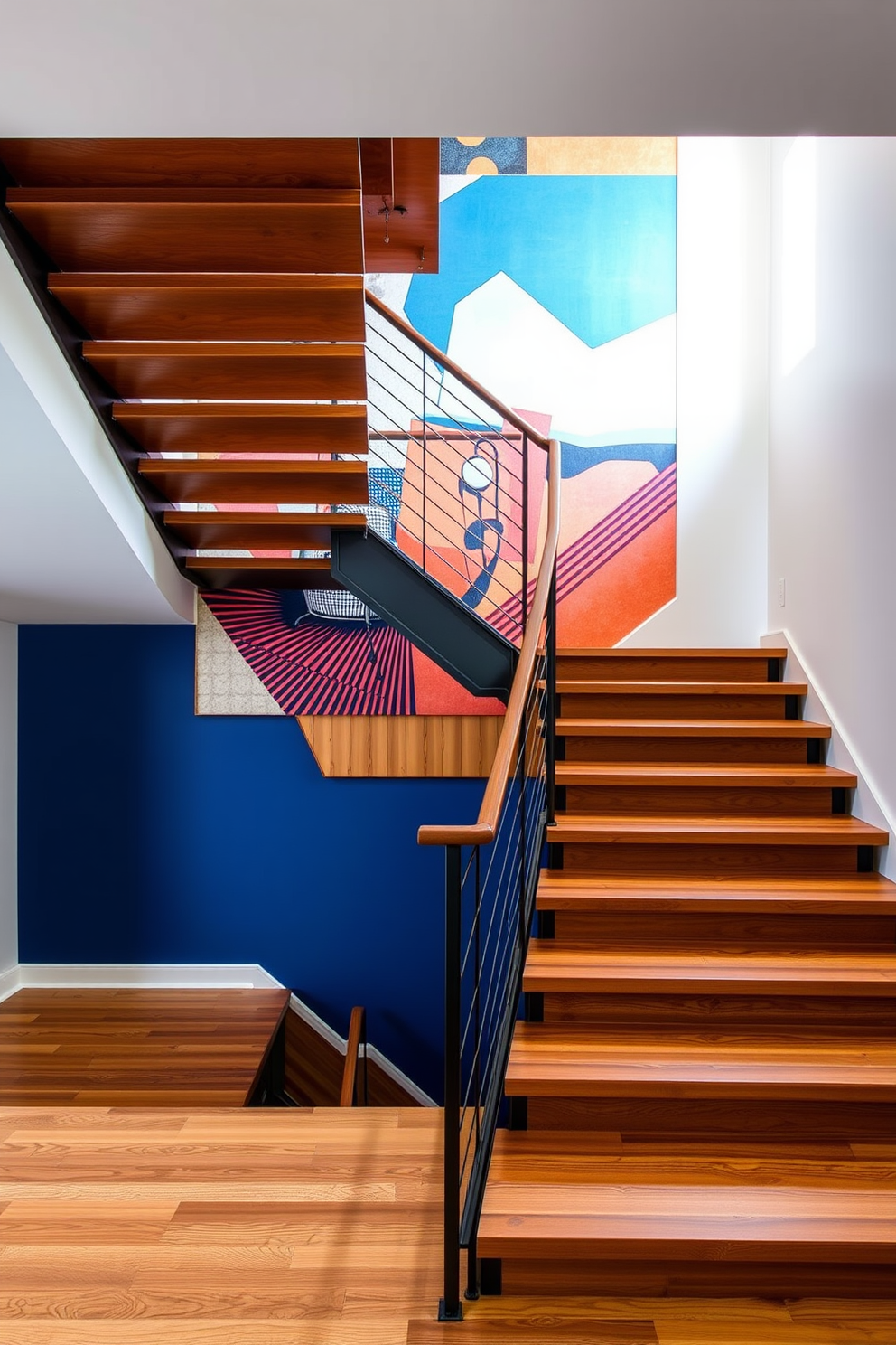 A striking staircase features a bold wall art backdrop that draws the eye and complements the overall design. The staircase is designed with sleek wooden steps and a minimalist metal railing, creating a harmonious balance with the vibrant artwork. Incorporating Mid-Century Modern elements, the staircase showcases clean lines and organic shapes. The use of warm wood tones and geometric patterns in the wall art enhances the inviting atmosphere of the space.