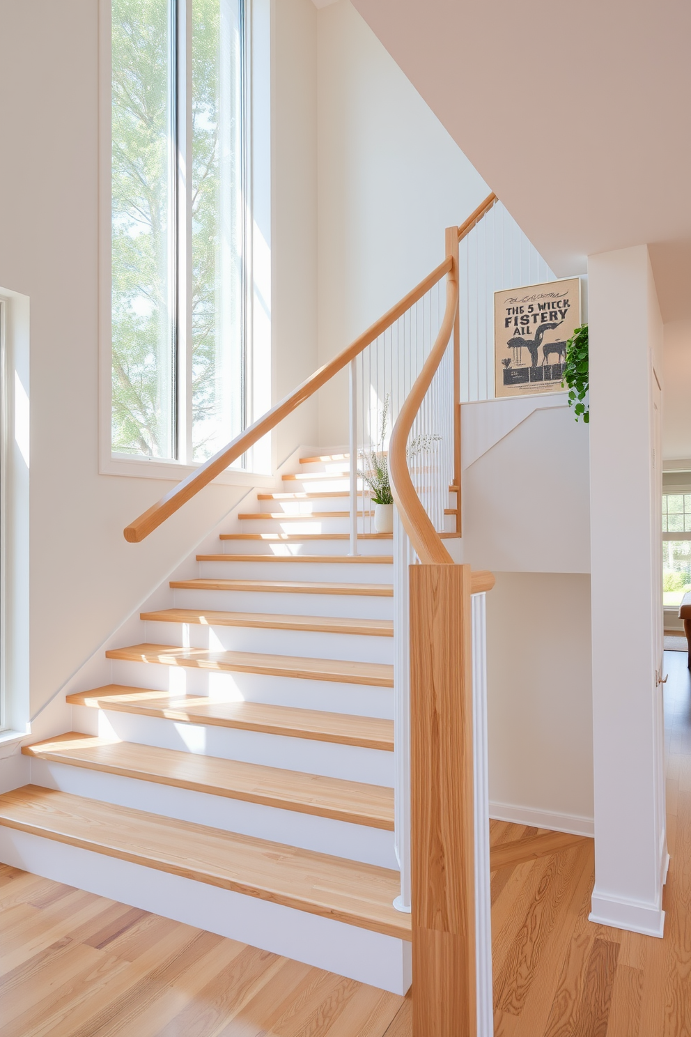 A tapered staircase with decorative details features elegant wooden railings and intricate balusters that enhance its visual appeal. The steps are crafted from rich hardwood, showcasing a beautiful grain, while the walls are adorned with framed artwork that complements the staircase design. Mid-Century Modern staircase design ideas incorporate clean lines and organic shapes, emphasizing simplicity and functionality. The staircase is complemented by a striking pendant light fixture that adds a touch of sophistication to the overall aesthetic.