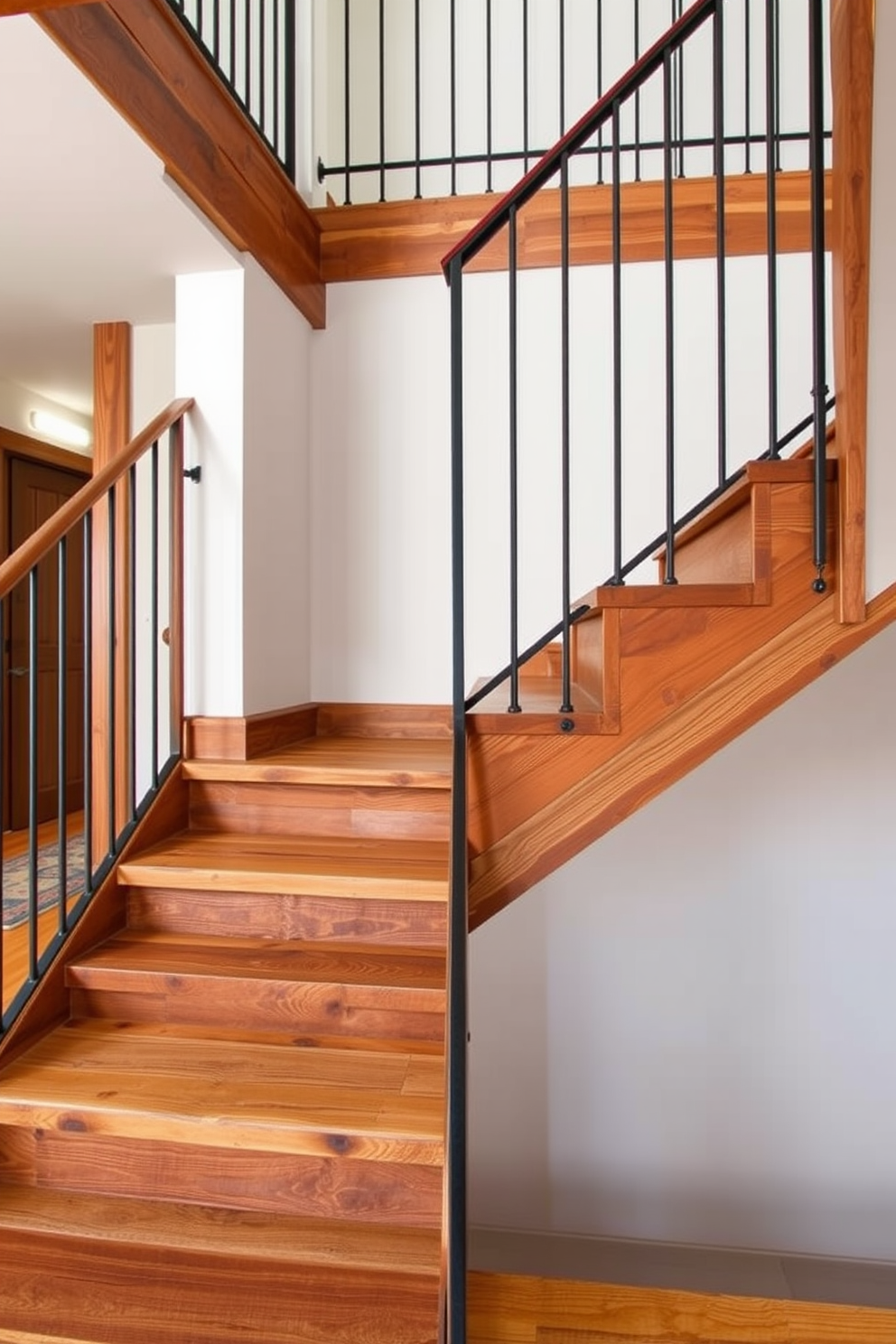 A stunning asymmetrical staircase serves as a focal point in the entryway. The design features sleek wooden steps that float effortlessly, complemented by a glass railing that enhances the open feel of the space. The staircase is adorned with artistic elements such as sculptural wall art and strategically placed lighting. Rich wood tones and minimalist details create a harmonious blend of form and function in this Mid-Century Modern design.