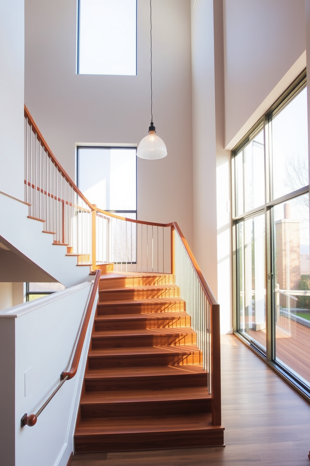 A dramatic staircase features cantilevered steps that appear to float seamlessly in the air. The design showcases clean lines and a minimalist aesthetic, with a sleek handrail that complements the overall look. The staircase is surrounded by large windows that allow natural light to flood the space. Warm wood tones and neutral colors enhance the Mid-Century Modern style, creating a welcoming and stylish focal point in the home.