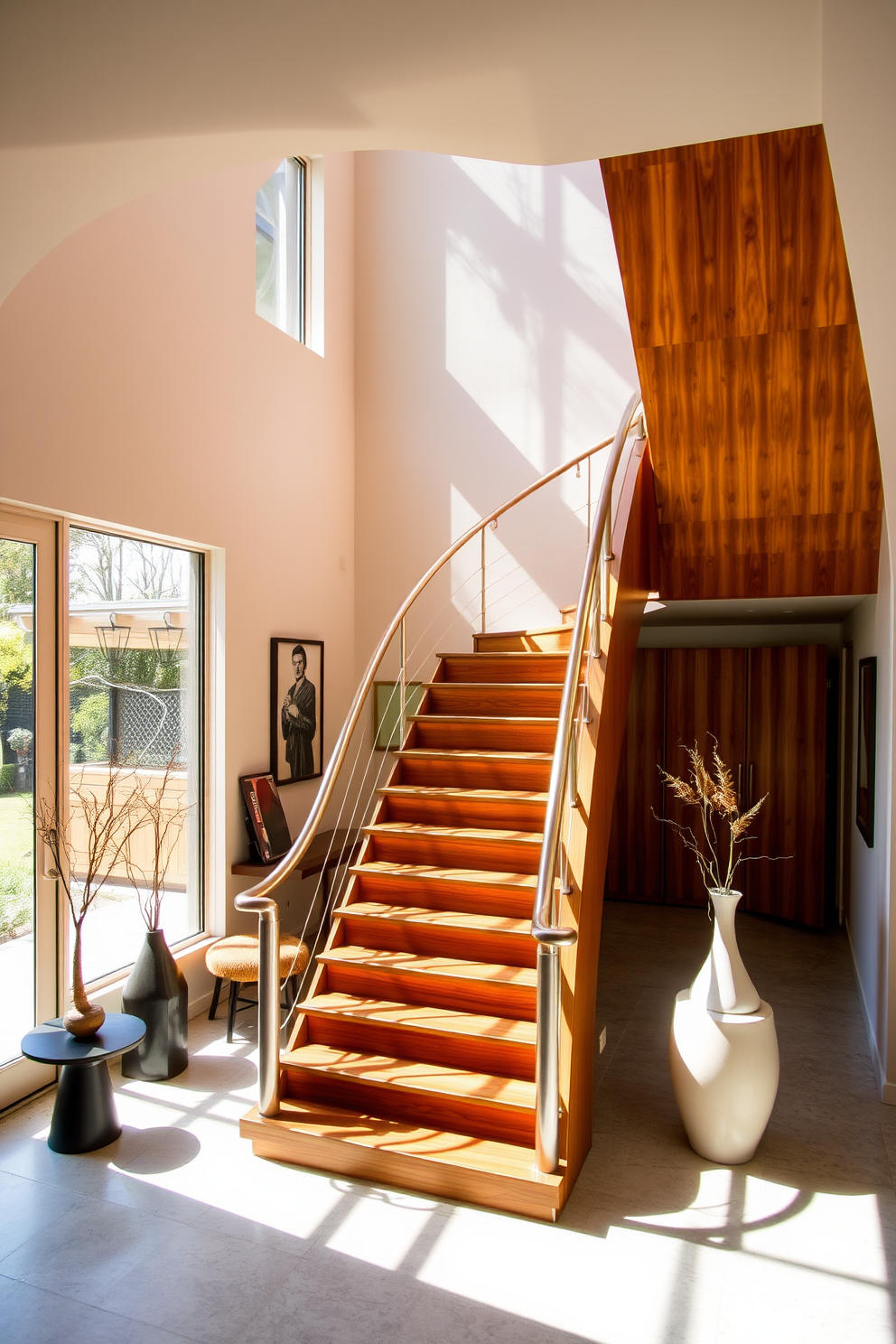 A sculptural staircase with elegant curved handrails gracefully ascends to the second floor. The design features a blend of warm wood tones and polished metal accents, creating a striking visual appeal. The staircase is illuminated by natural light streaming through large windows, casting beautiful shadows on the walls. Surrounding the staircase, minimalist decor enhances the Mid-Century Modern aesthetic, showcasing clean lines and organic shapes.