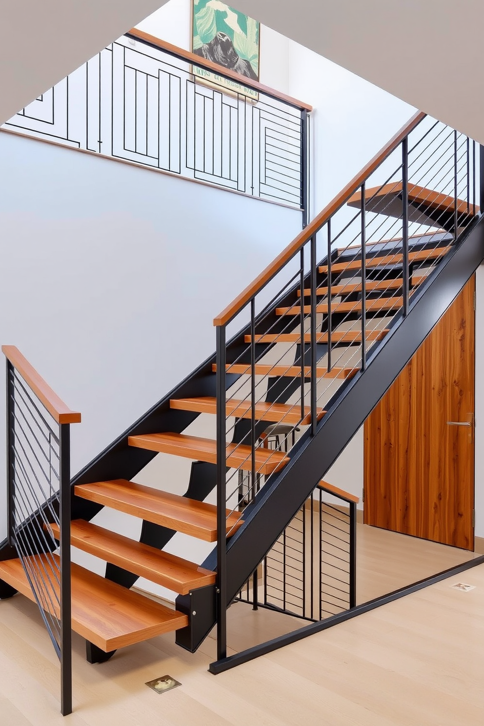 A striking staircase features a geometric metal railing complemented by warm wood accents. The design showcases clean lines and a harmonious blend of materials that enhance the Mid-Century Modern aesthetic.