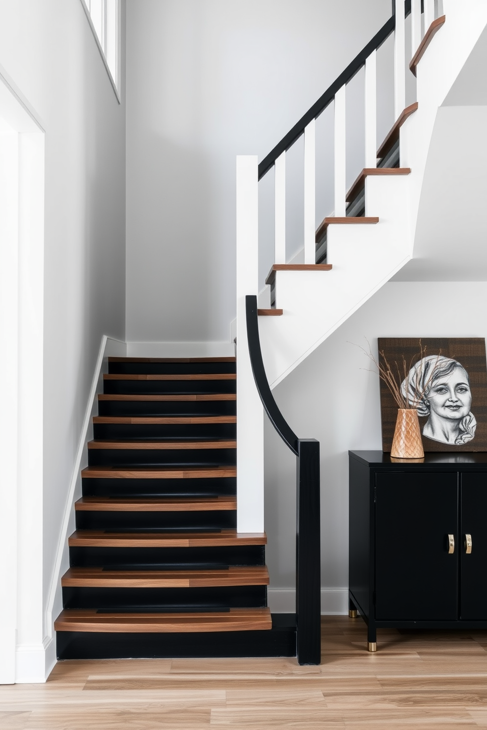 A striking black and white staircase creates a dramatic focal point in the entryway. The bold contrast of the colors enhances the architectural lines and adds a touch of sophistication. Incorporating Mid-Century Modern elements, the staircase features sleek wooden treads and a minimalist railing. The design emphasizes clean lines and organic shapes, seamlessly blending with the overall aesthetic of the home.