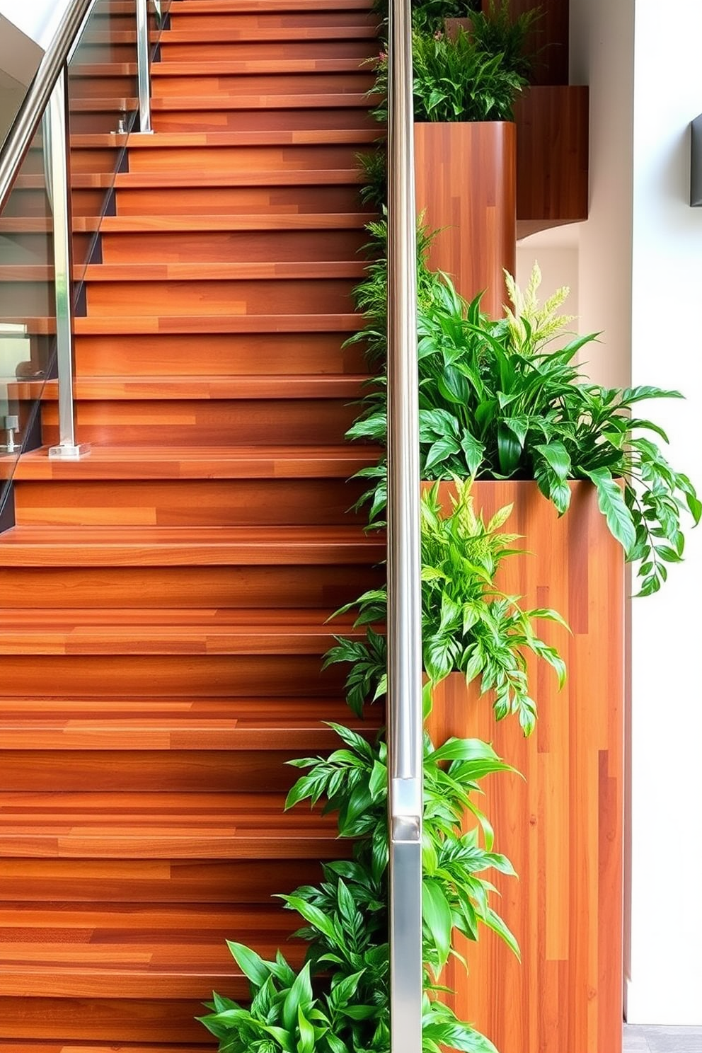 A stunning staircase with integrated planters features sleek wooden steps that seamlessly transition into lush greenery. The planters are strategically placed along the sides, showcasing a variety of vibrant plants that enhance the overall aesthetic. The design embraces Mid-Century Modern elements with clean lines and geometric shapes. The staircase railing is crafted from polished metal, complementing the rich wood tones and creating a harmonious balance between nature and modernity.