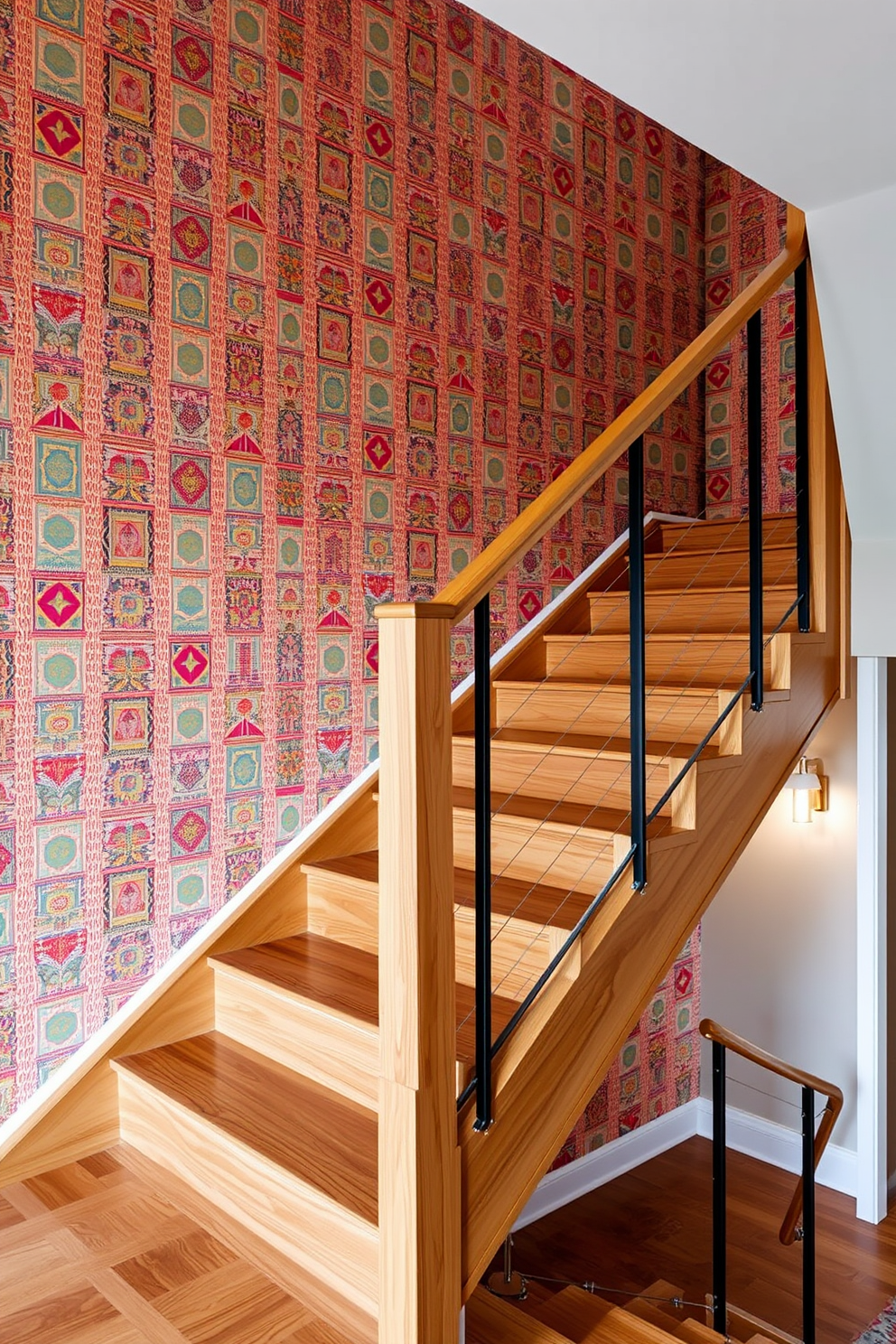 A textured wall staircase features retro wallpaper in vibrant colors and geometric patterns. The wooden staircase has sleek lines and a polished finish, complemented by stylish metal railings. Mid-Century Modern staircase design ideas include open risers that create an airy feel and natural wood finishes. Accents of brass and glass add a touch of elegance, while strategically placed lighting highlights the architectural features.