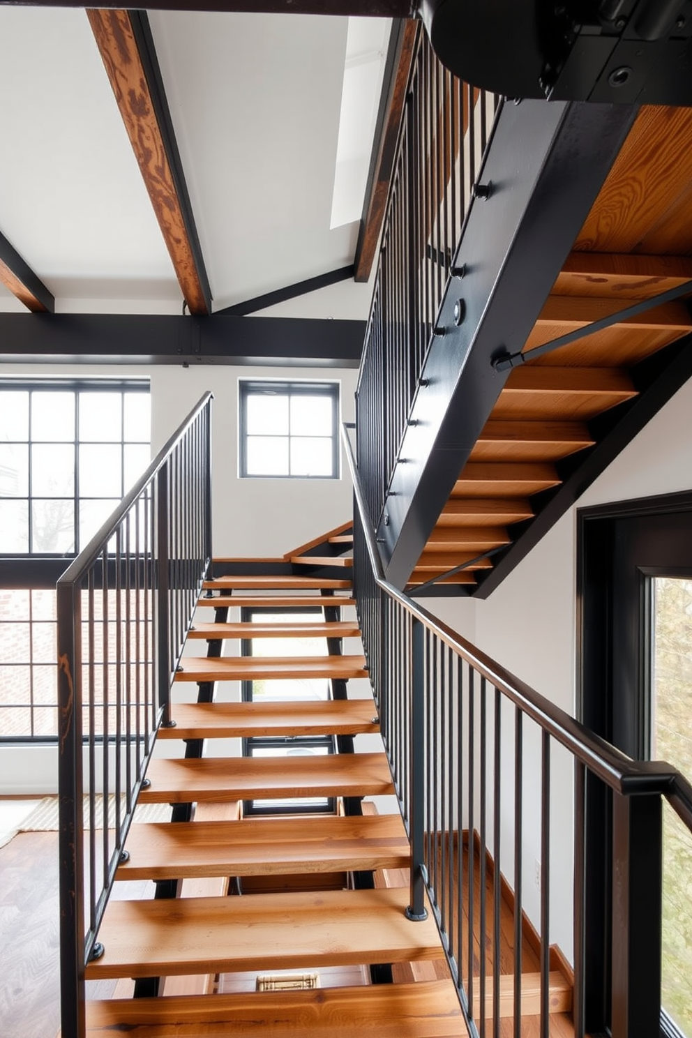 A striking staircase design featuring a contrasting color palette that highlights the elegance of Mid-Century Modern style. The steps are crafted from rich walnut wood, while the railing is painted in a crisp white, creating a bold visual contrast. Surrounding the staircase, the walls are adorned with geometric wallpaper in muted tones, enhancing the modern aesthetic. Natural light floods the space through a large window, casting interesting shadows on the staircase and emphasizing its architectural beauty.